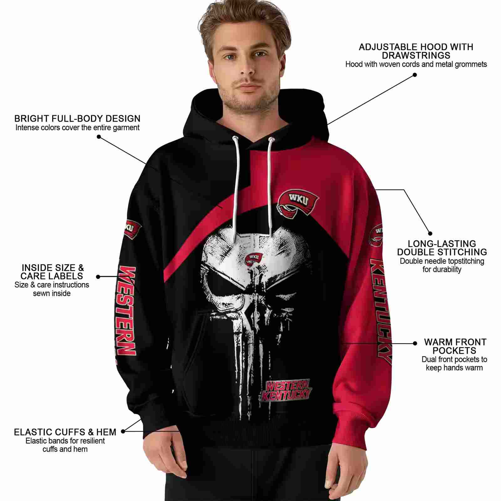 western kentucky hilltoppers skull punisher black hoodie latest model