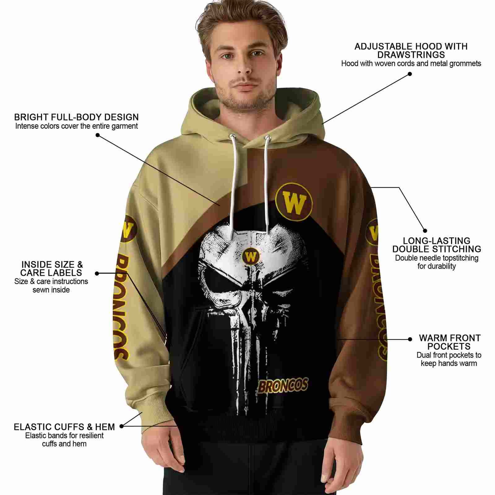 western michigan broncos skull punisher gold black hoodie latest model