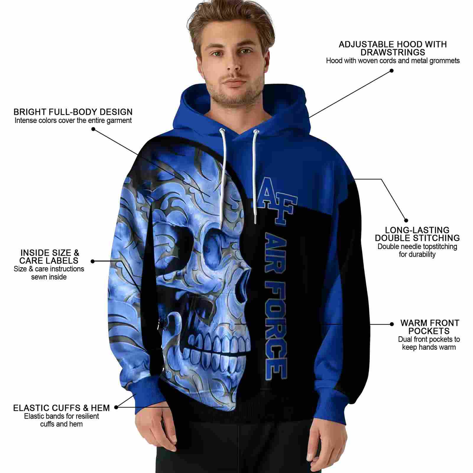 air force falcons skull motif blue black hoodie latest model