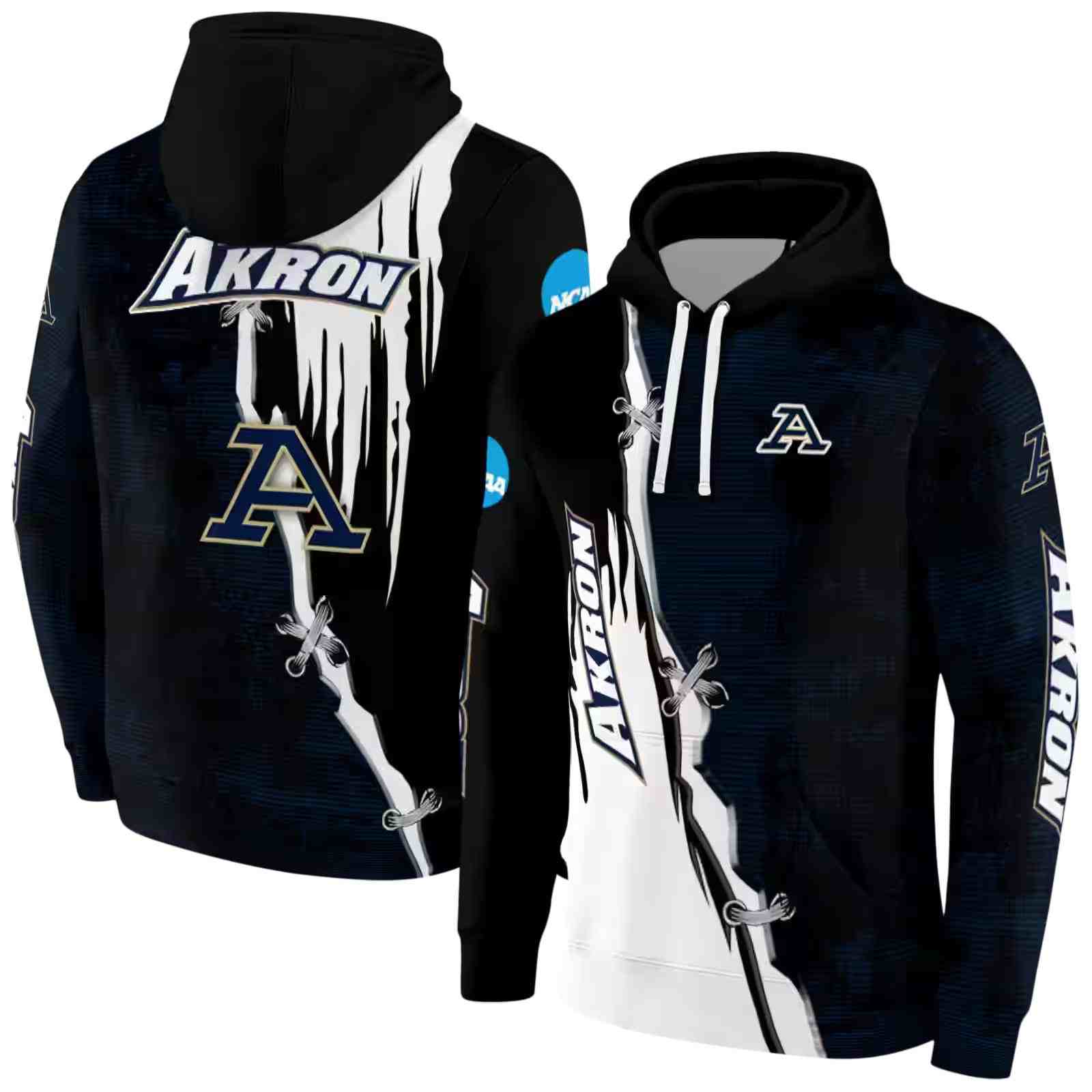 akron zips ripped pattern blue black white hoodie fashion forward