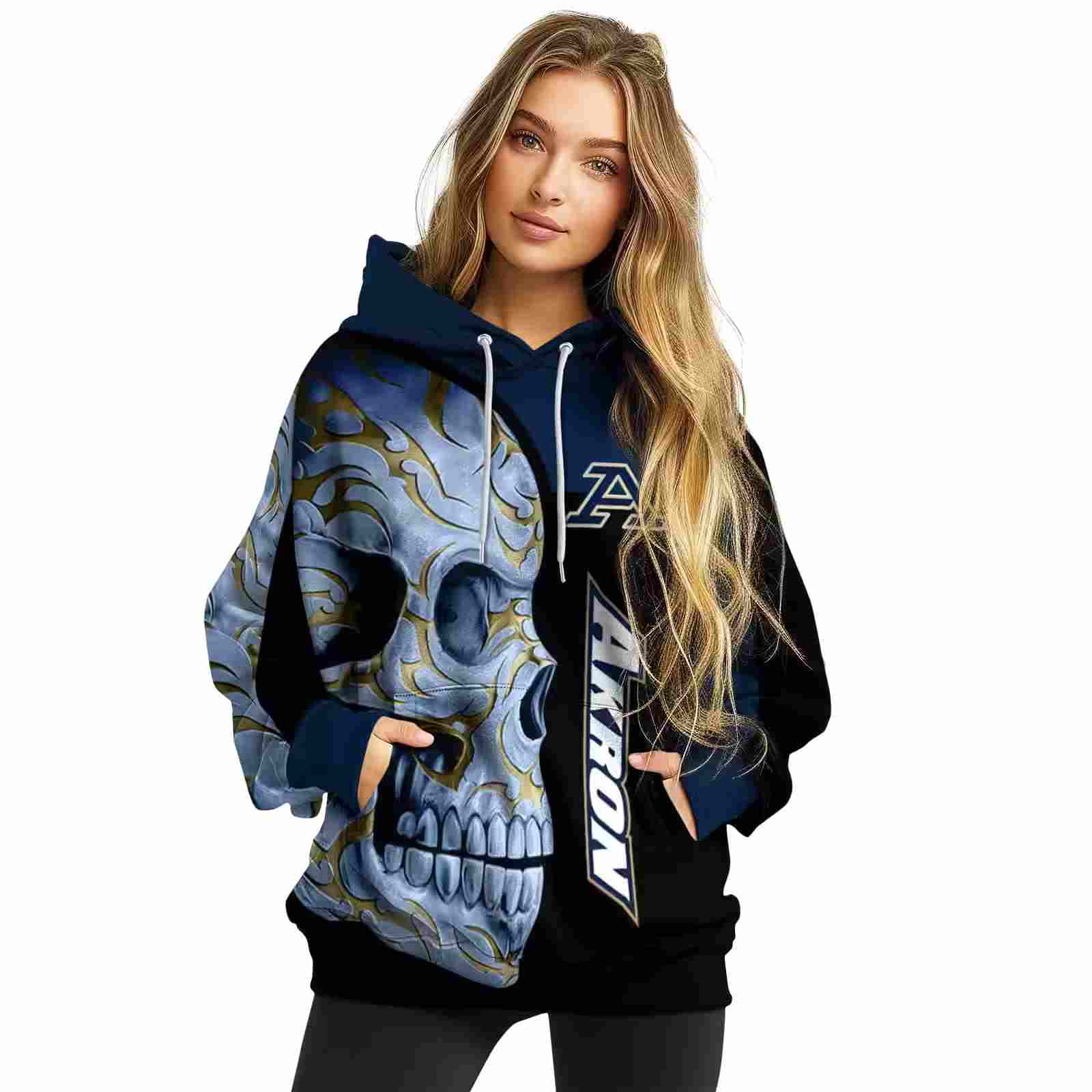 akron zips skull motif blue black hoodie high quality