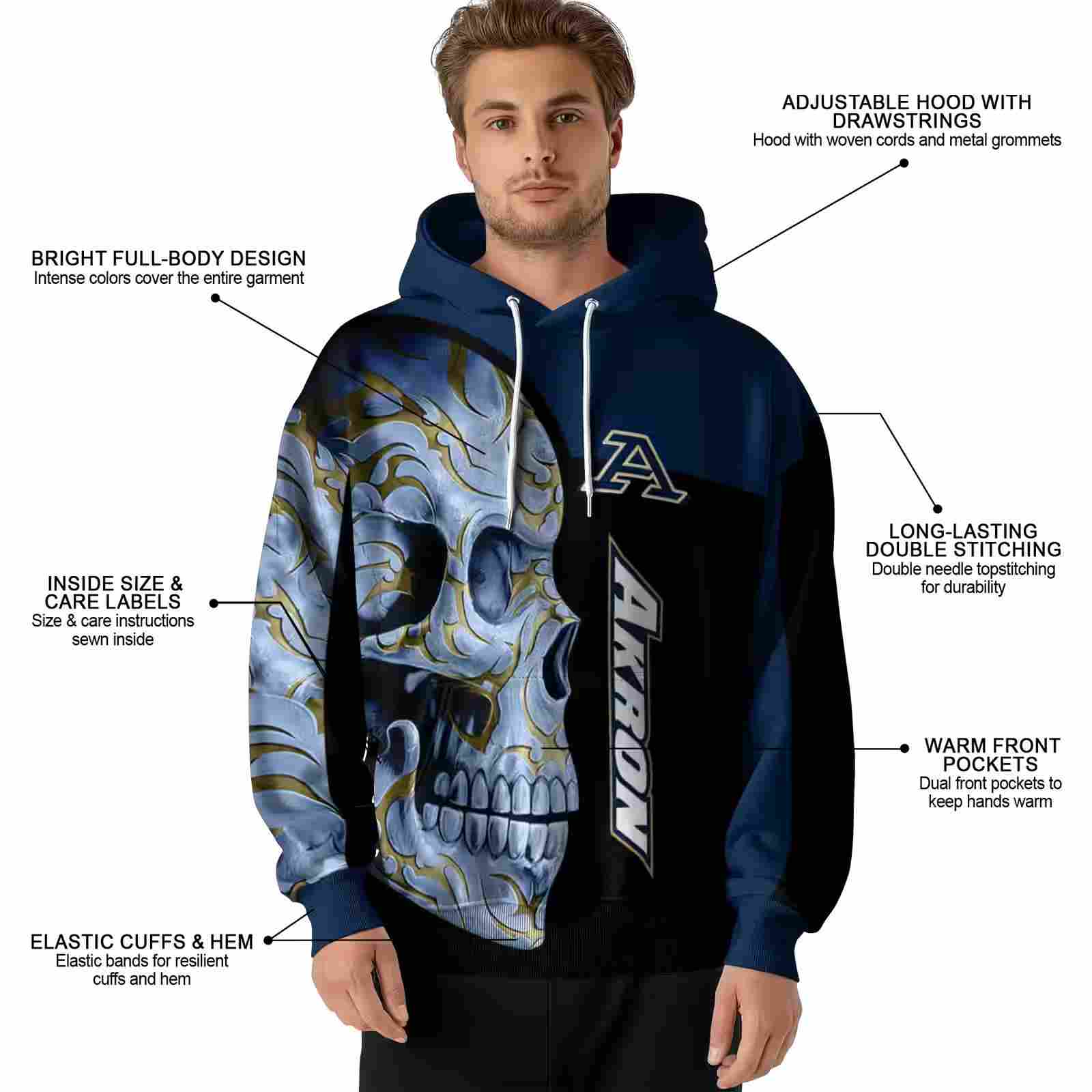 akron zips skull motif blue black hoodie latest model