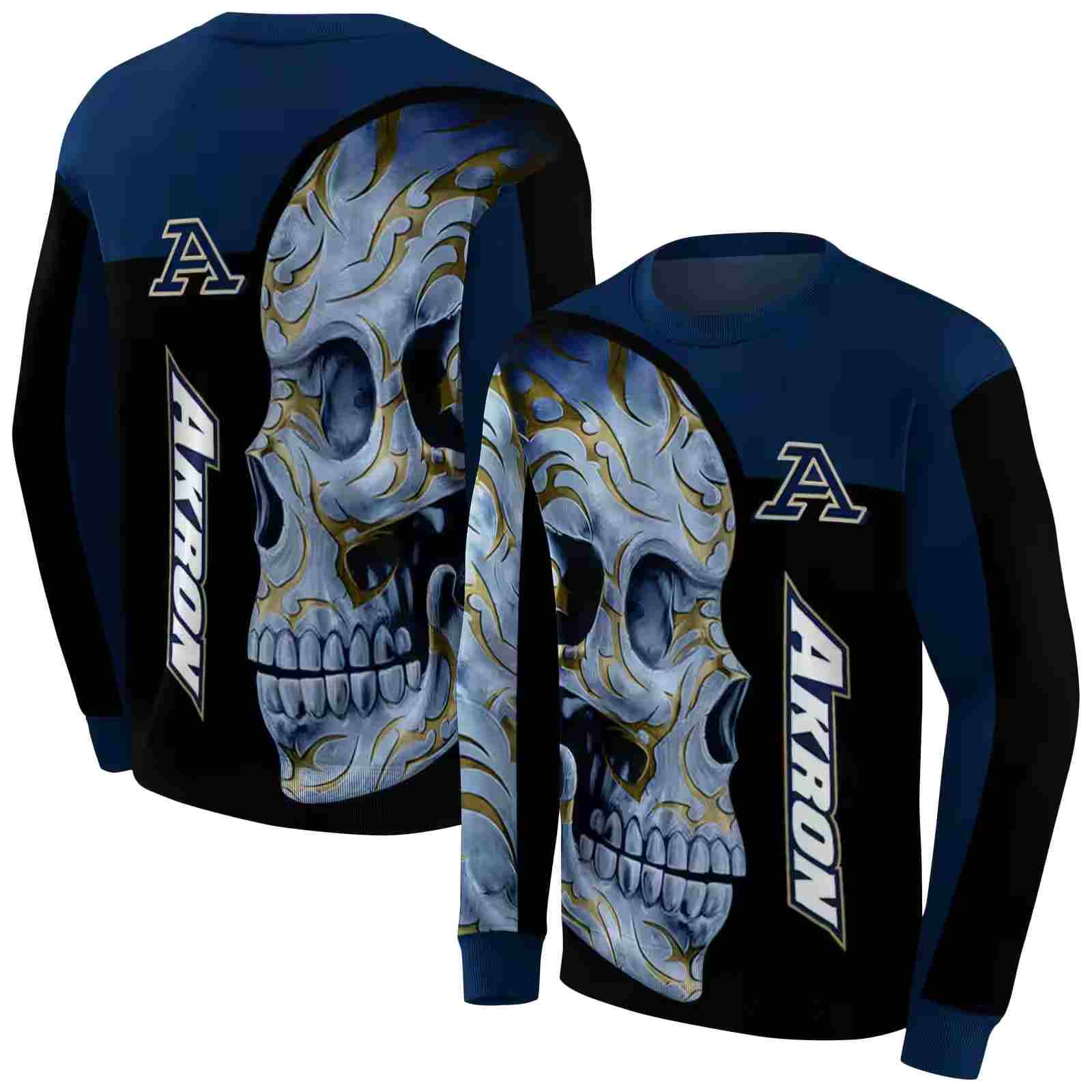 akron zips skull motif blue black hoodie premium grade