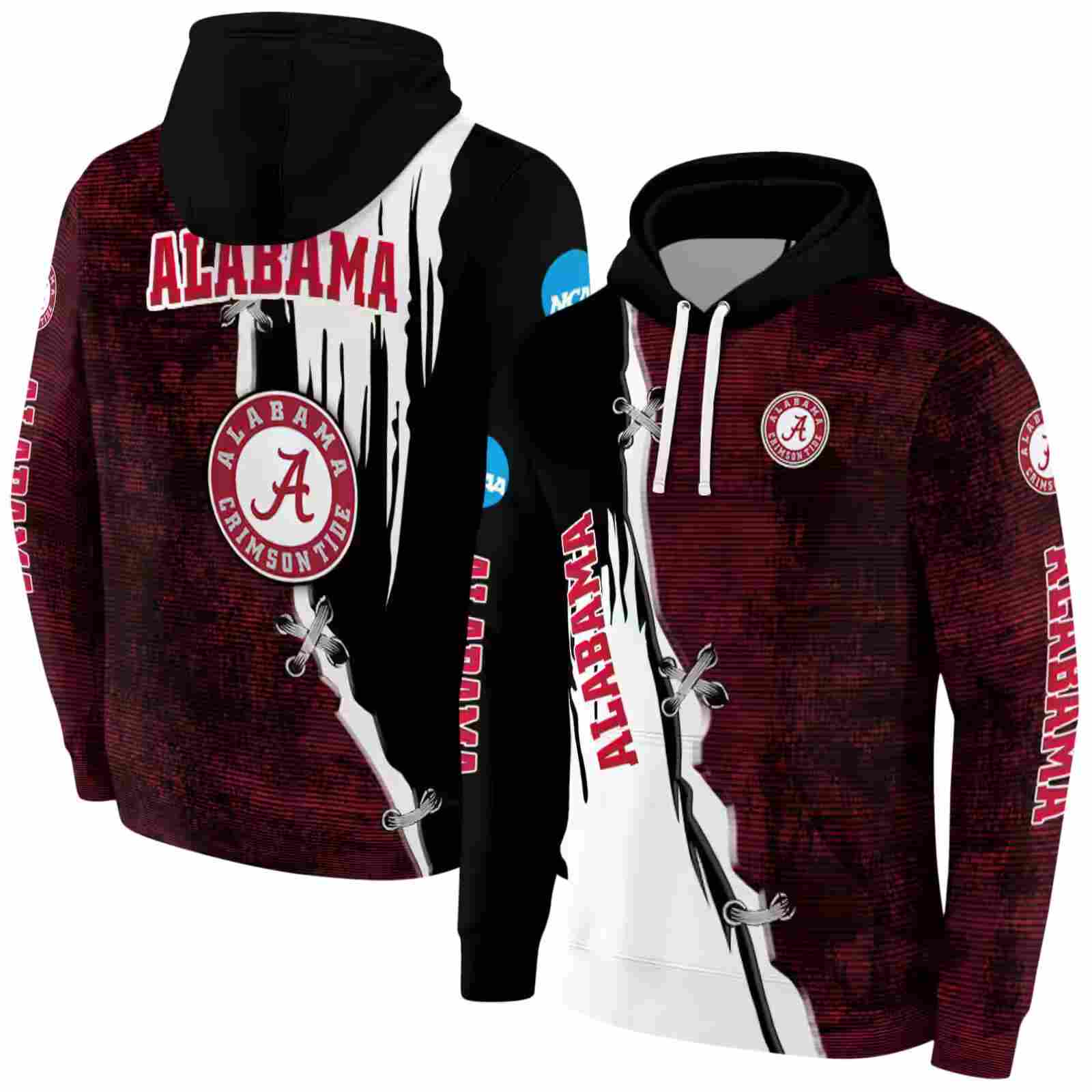 alabama crimson tide ripped pattern crimson black white hoodie fashion forward