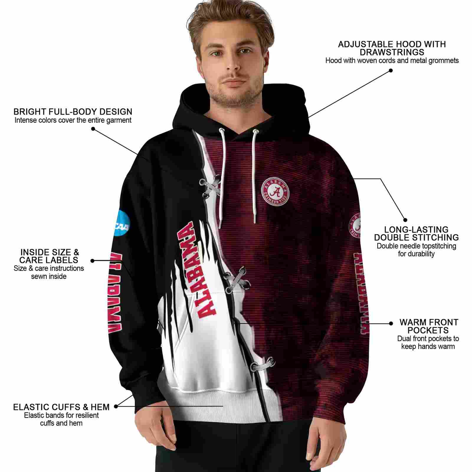 alabama crimson tide ripped pattern crimson black white hoodie latest model