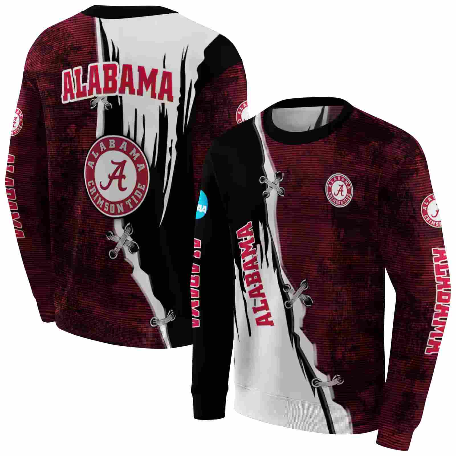 alabama crimson tide ripped pattern crimson black white hoodie premium grade