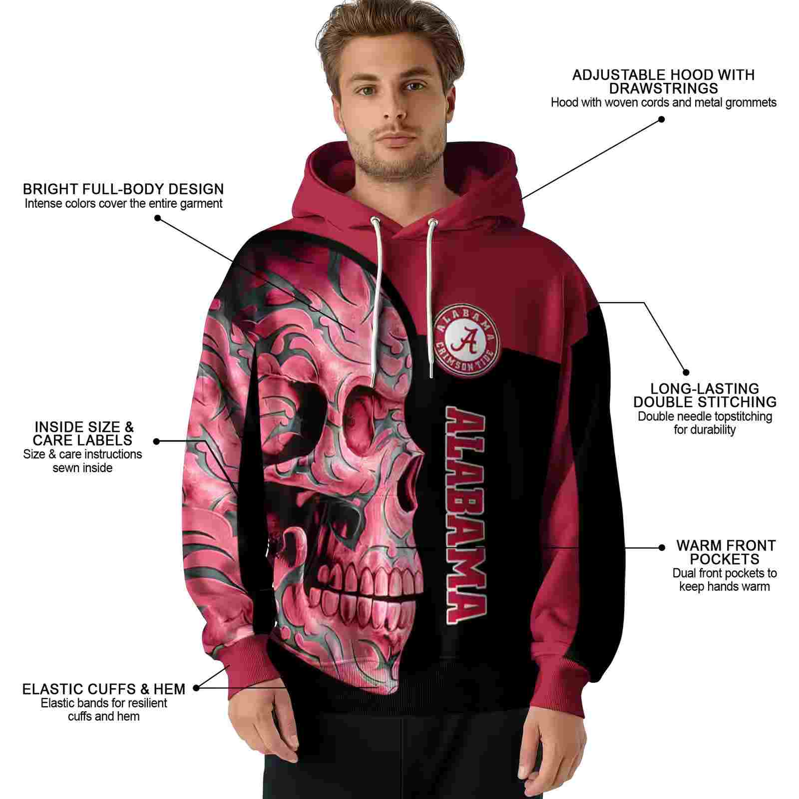 alabama crimson tide skull motif crimson black hoodie latest model