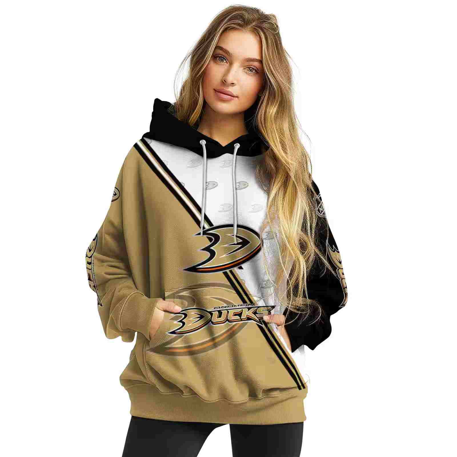 anaheim ducks diagonal stripe gold white hoodie high quality