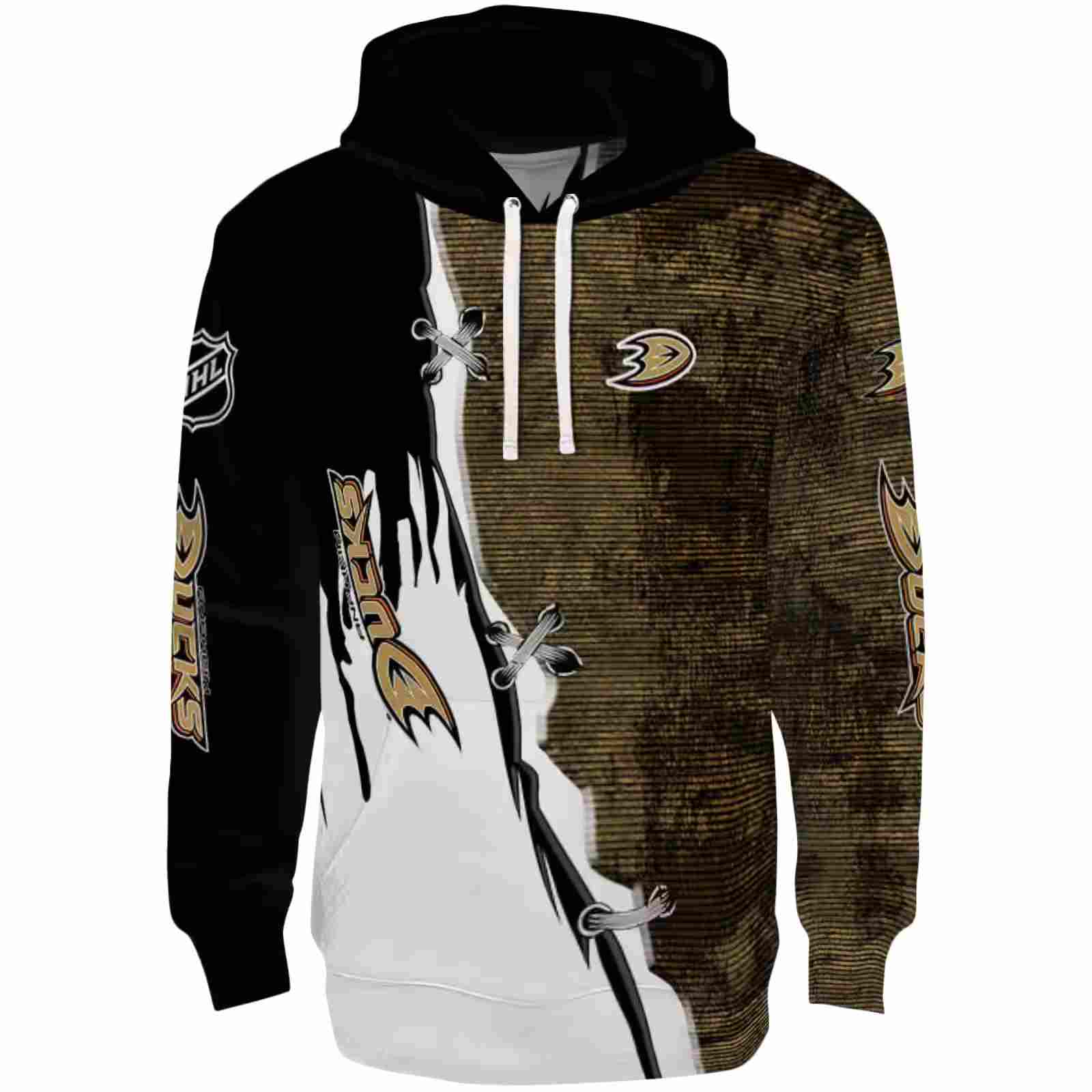 Anaheim Ducks Ripped Pattern Gold Black White Hoodie