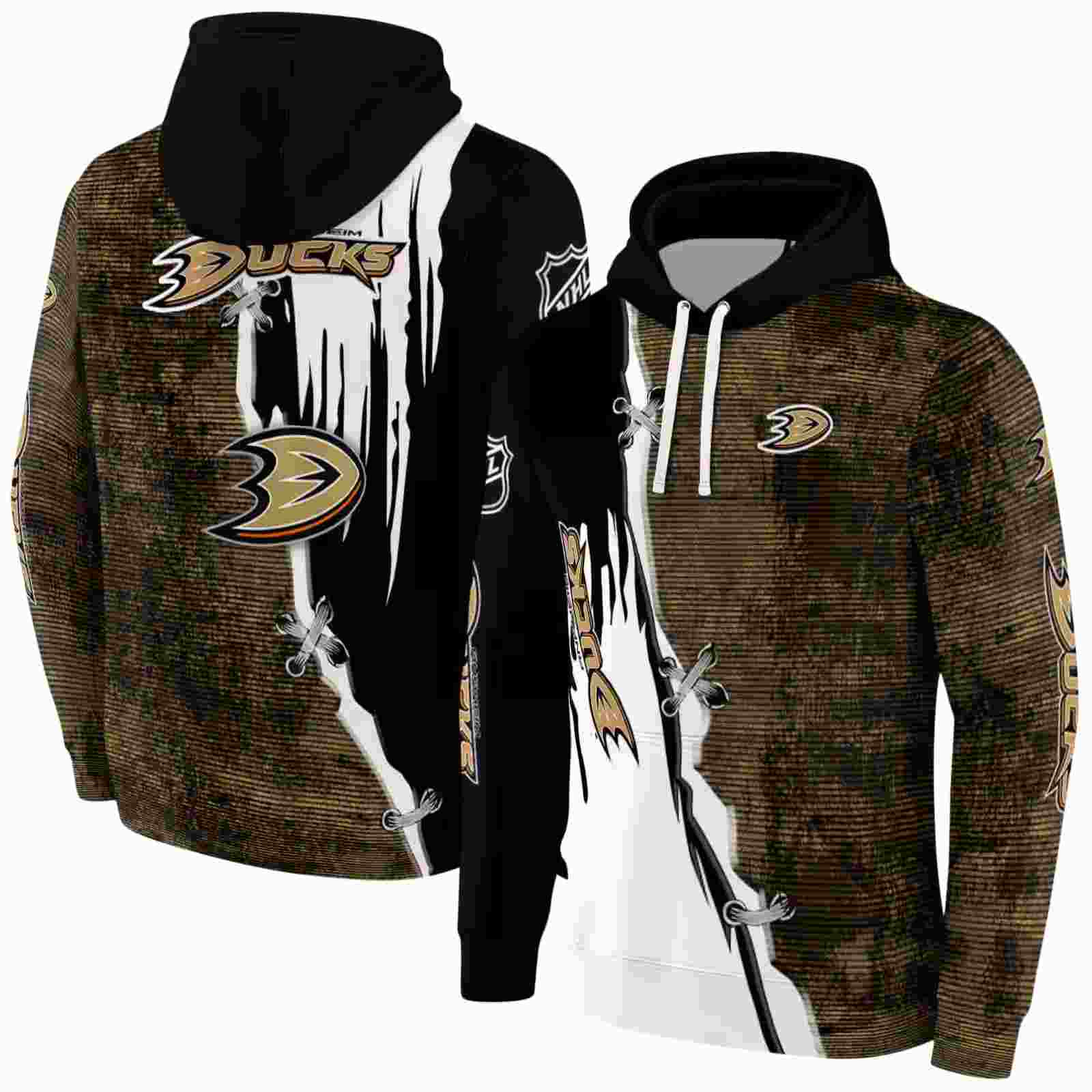 anaheim ducks ripped pattern gold black white hoodie fashion forward