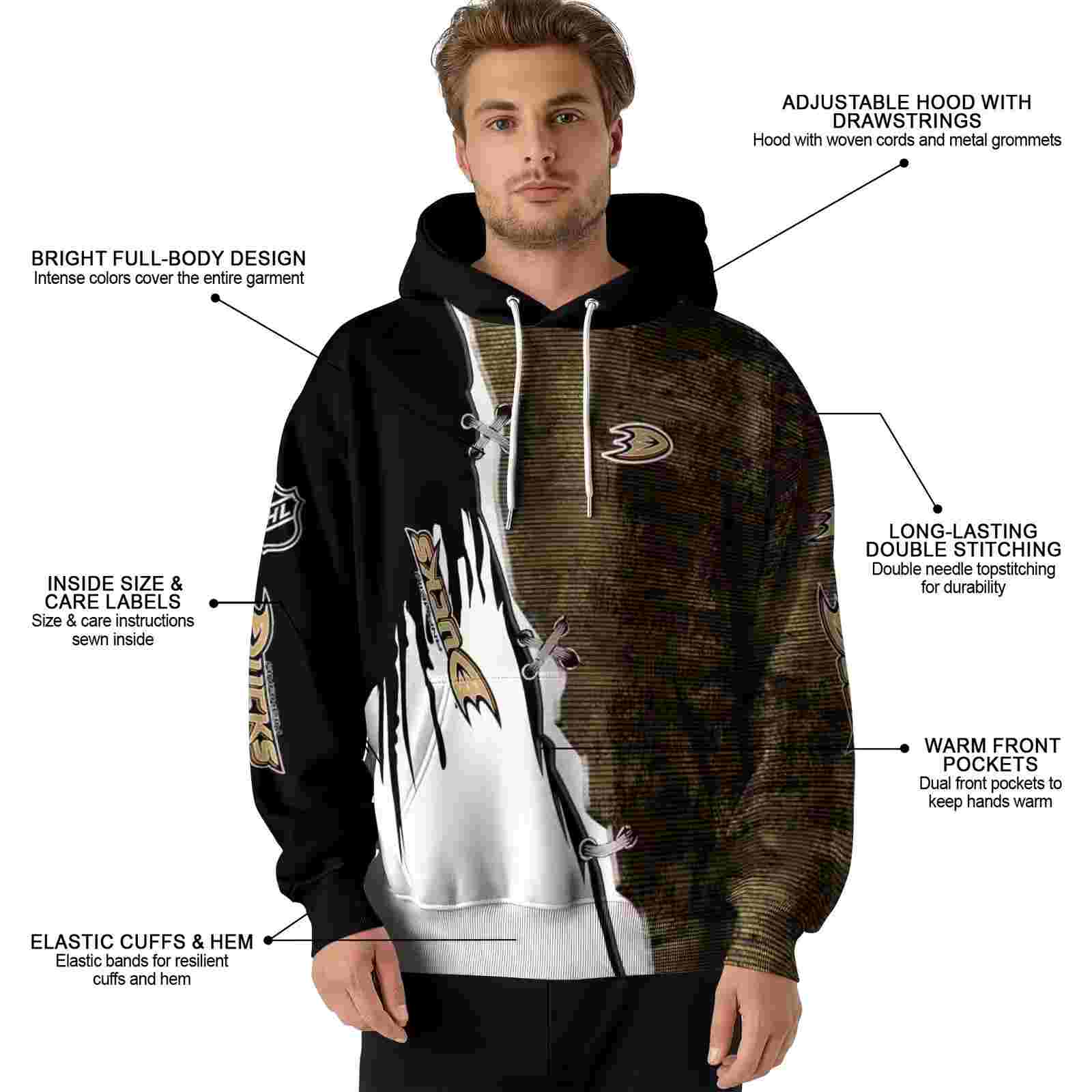 anaheim ducks ripped pattern gold black white hoodie latest model