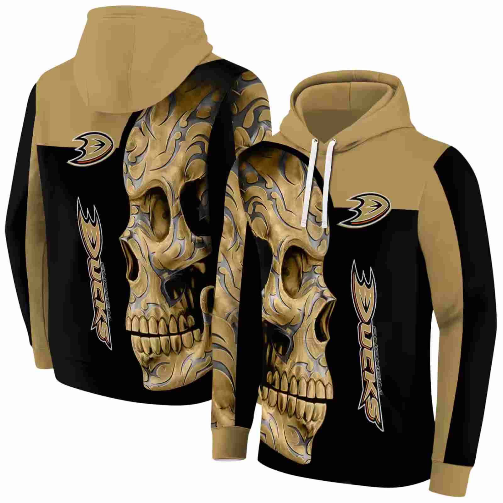 anaheim ducks skull motif gold black hoodie fashion forward