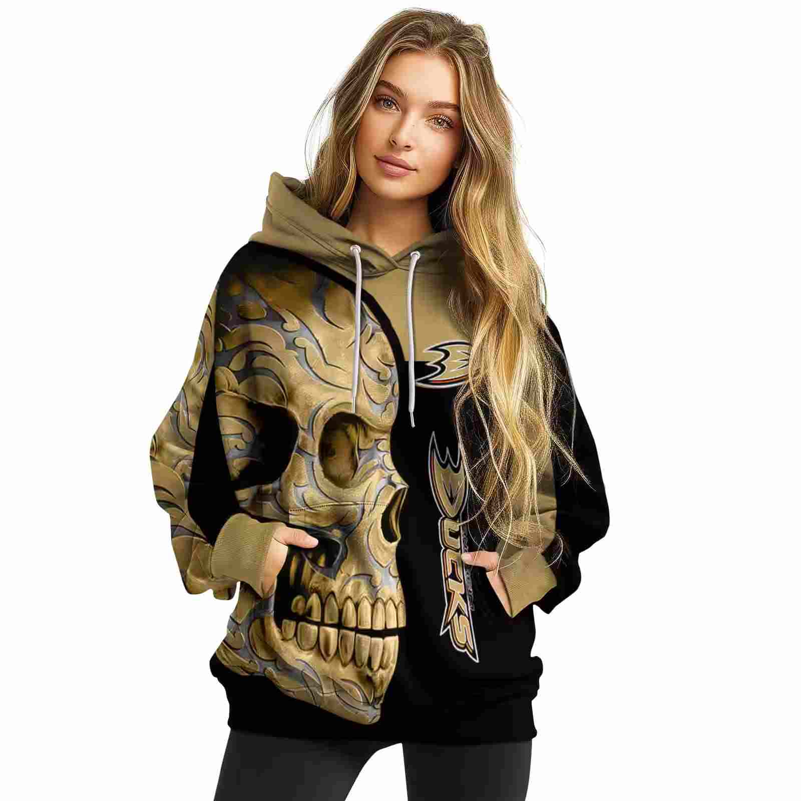 anaheim ducks skull motif gold black hoodie high quality