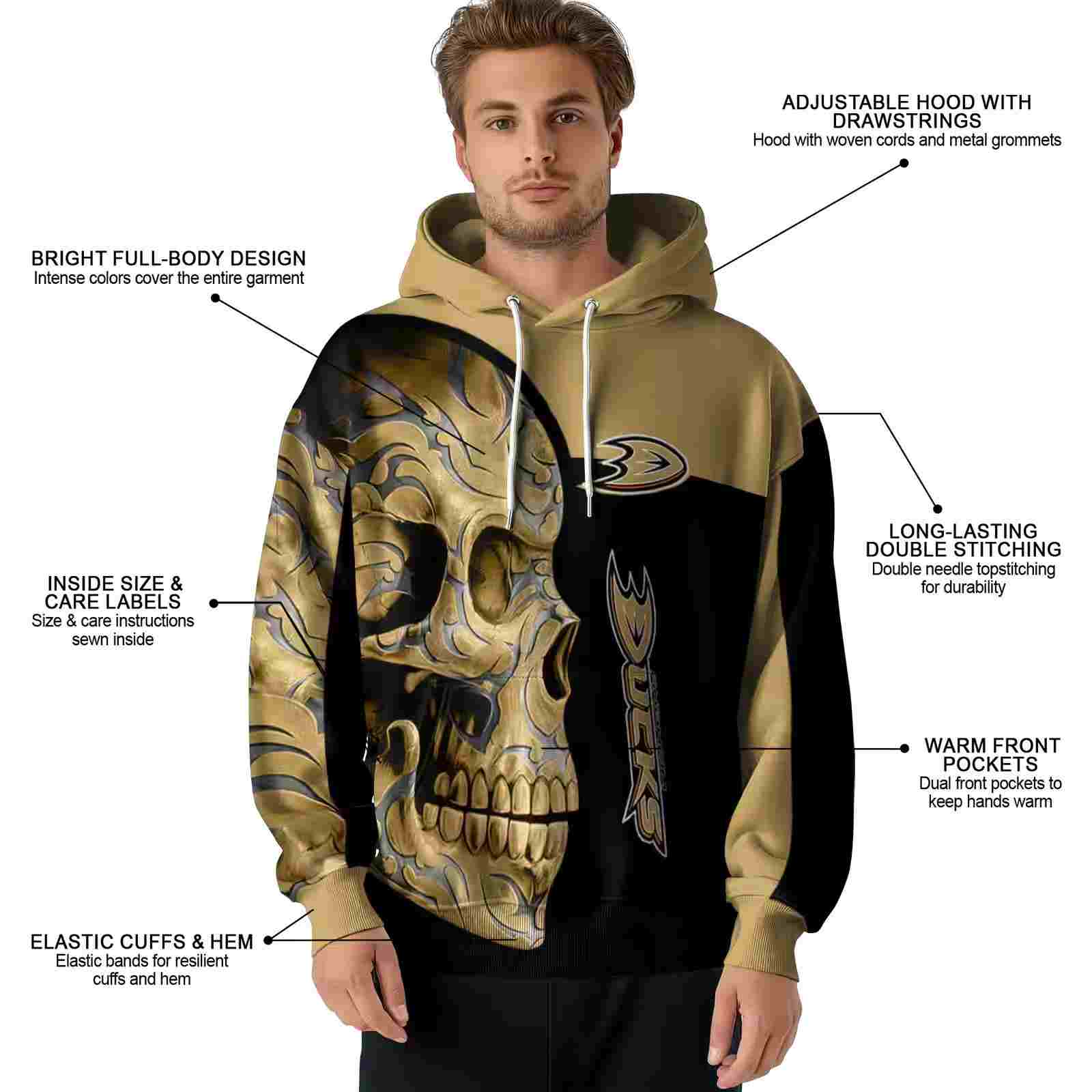 anaheim ducks skull motif gold black hoodie latest model