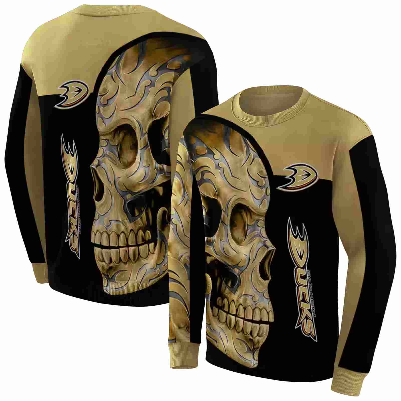 anaheim ducks skull motif gold black hoodie premium grade