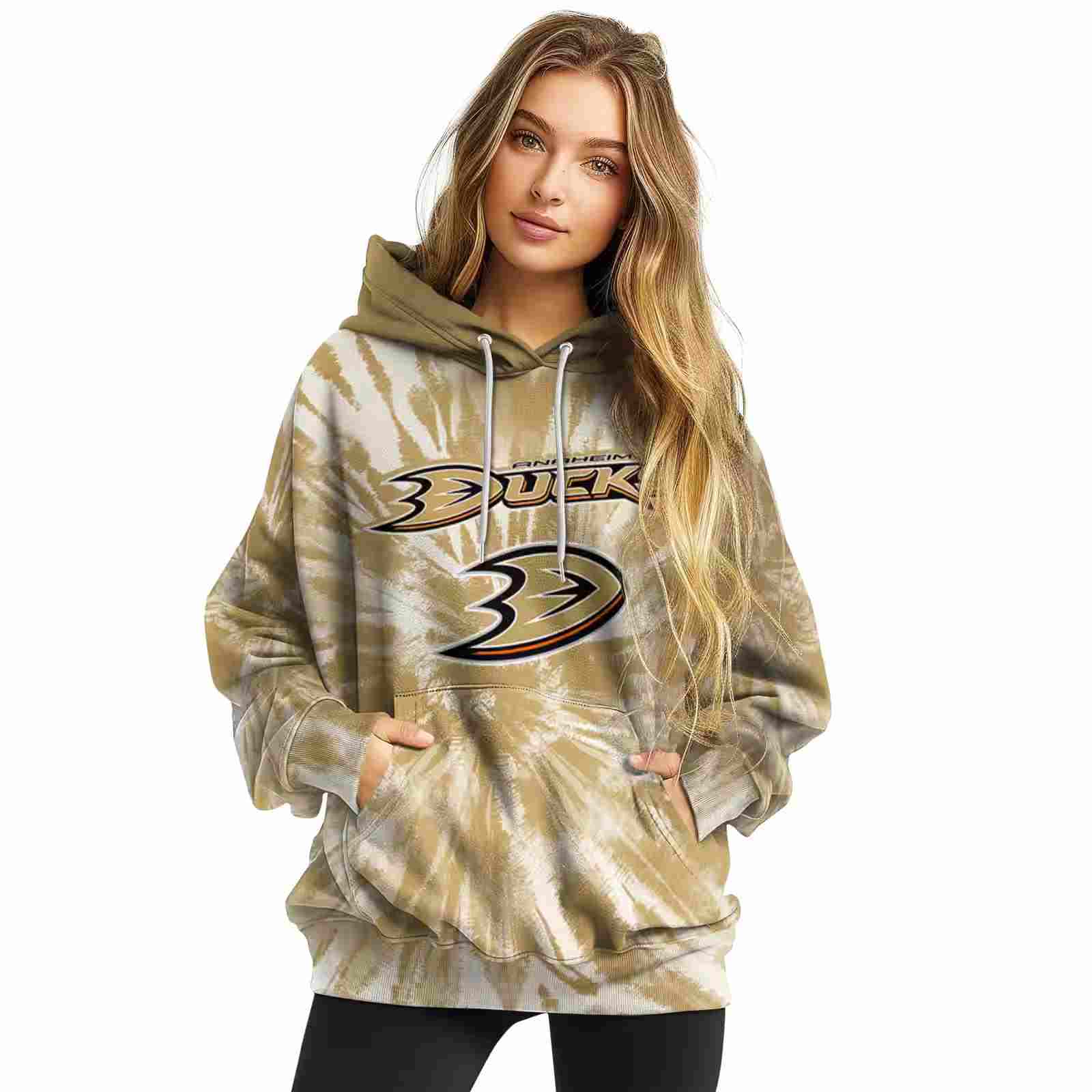 anaheim ducks tie dye pattern gold hoodie high quality