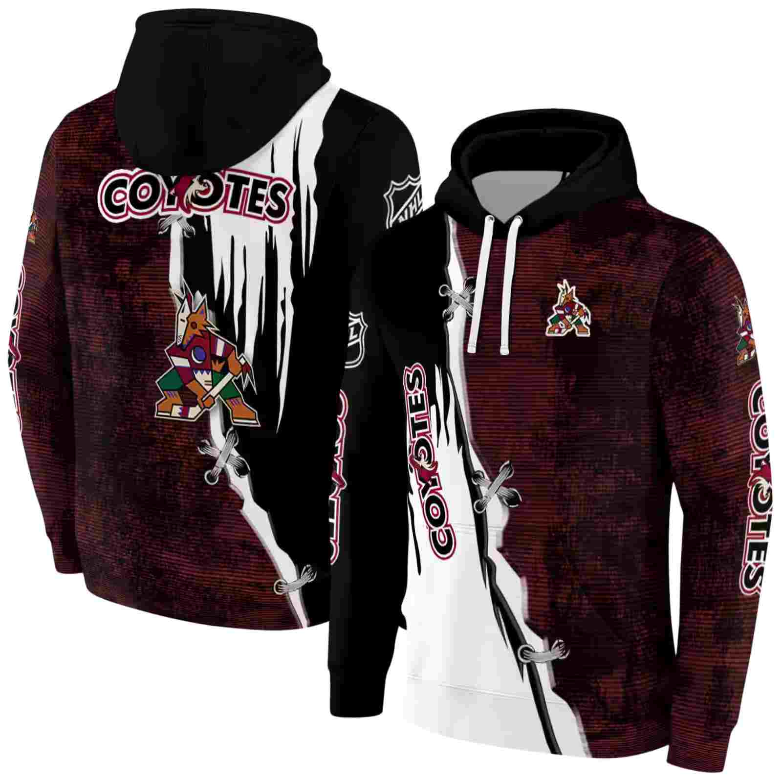 arizona coyotes ripped pattern red black white hoodie fashion forward