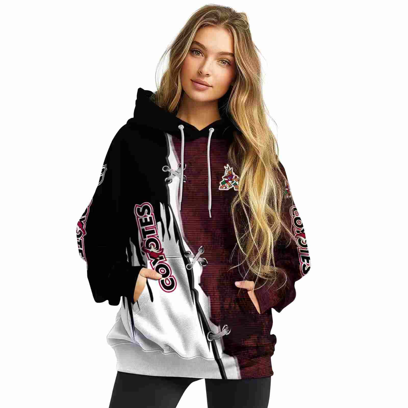 arizona coyotes ripped pattern red black white hoodie high quality