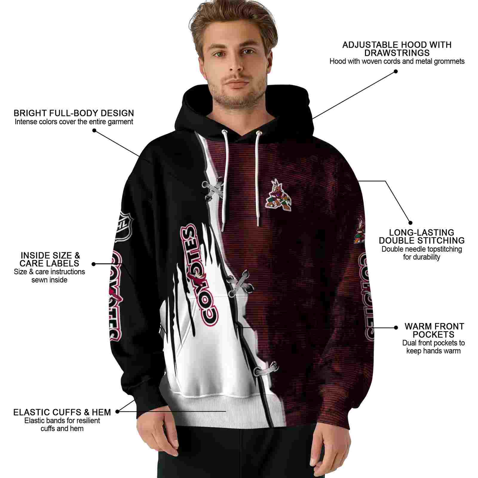 arizona coyotes ripped pattern red black white hoodie latest model