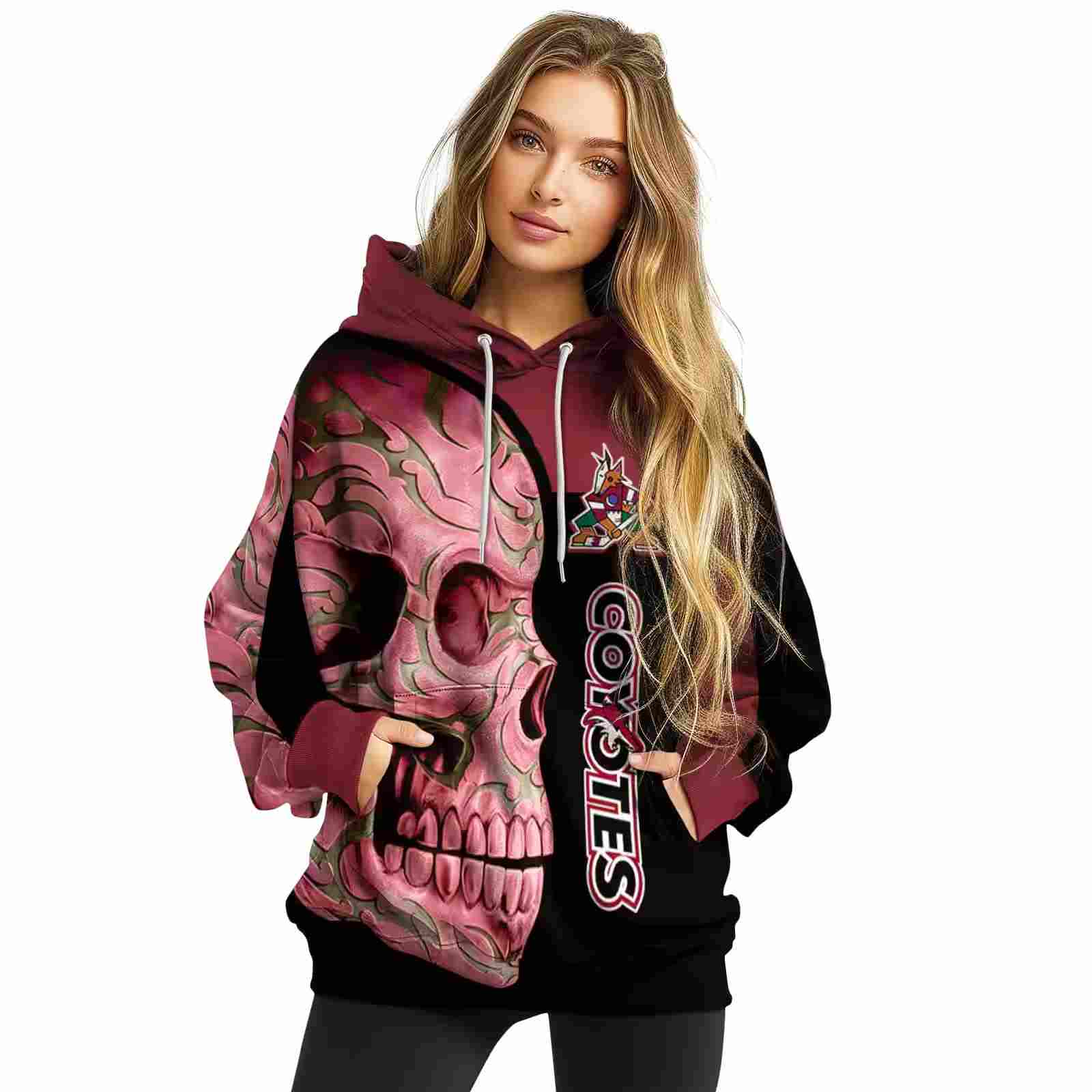 arizona coyotes skull motif red black hoodie high quality