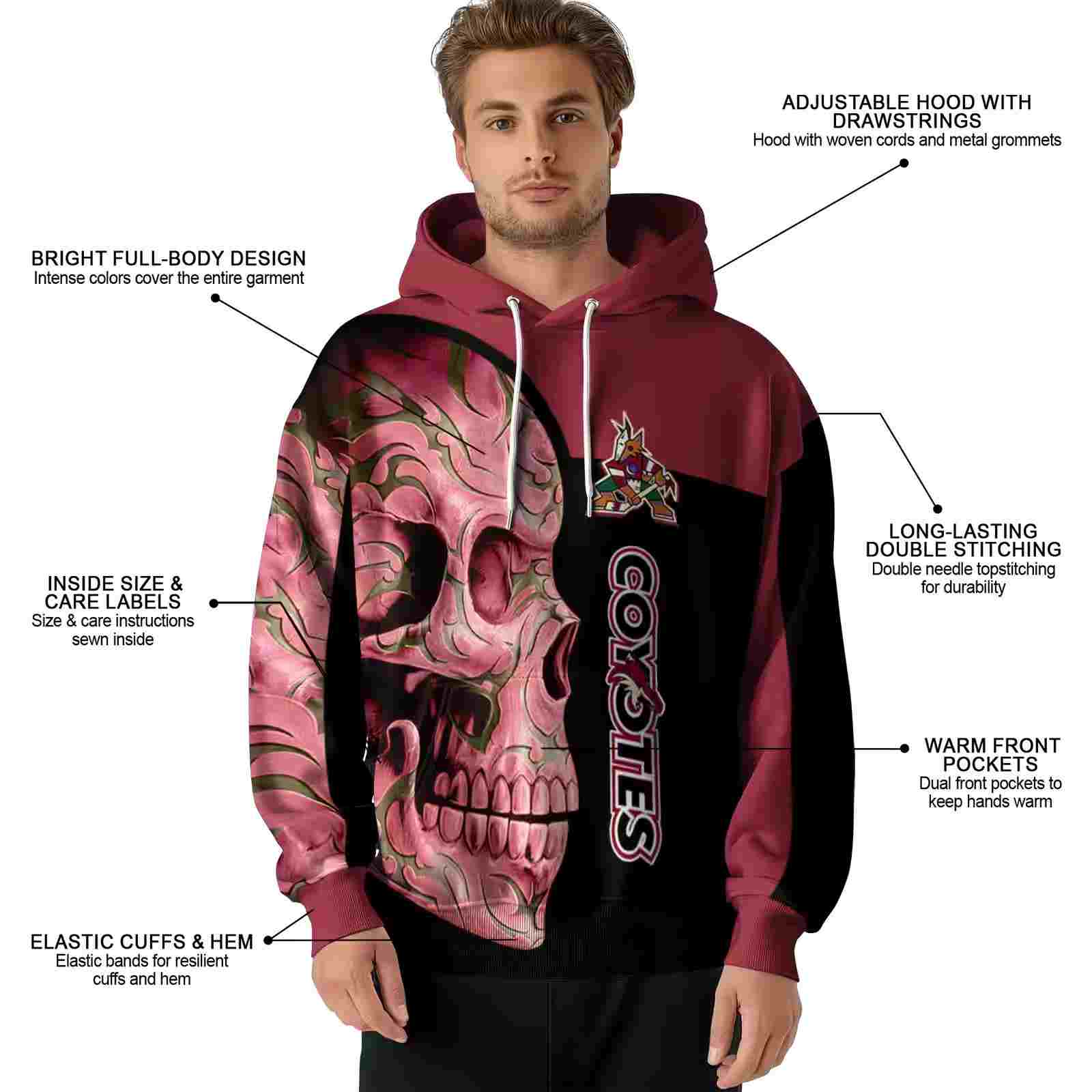 arizona coyotes skull motif red black hoodie latest model