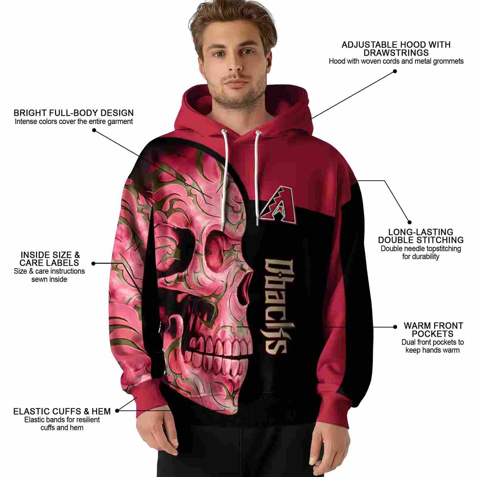 arizona diamondbacks skull motif red black hoodie latest model