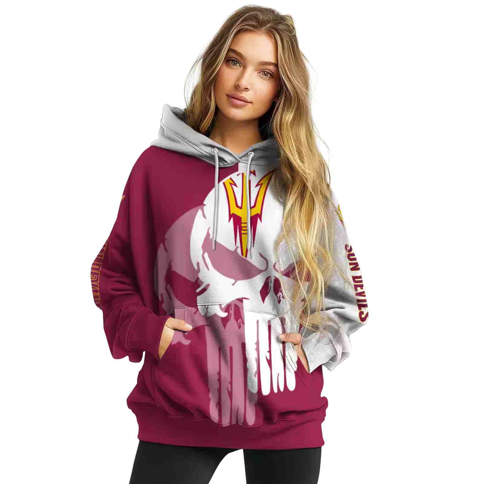 arizona state sun devils graphic punisher maroon white hoodie high quality