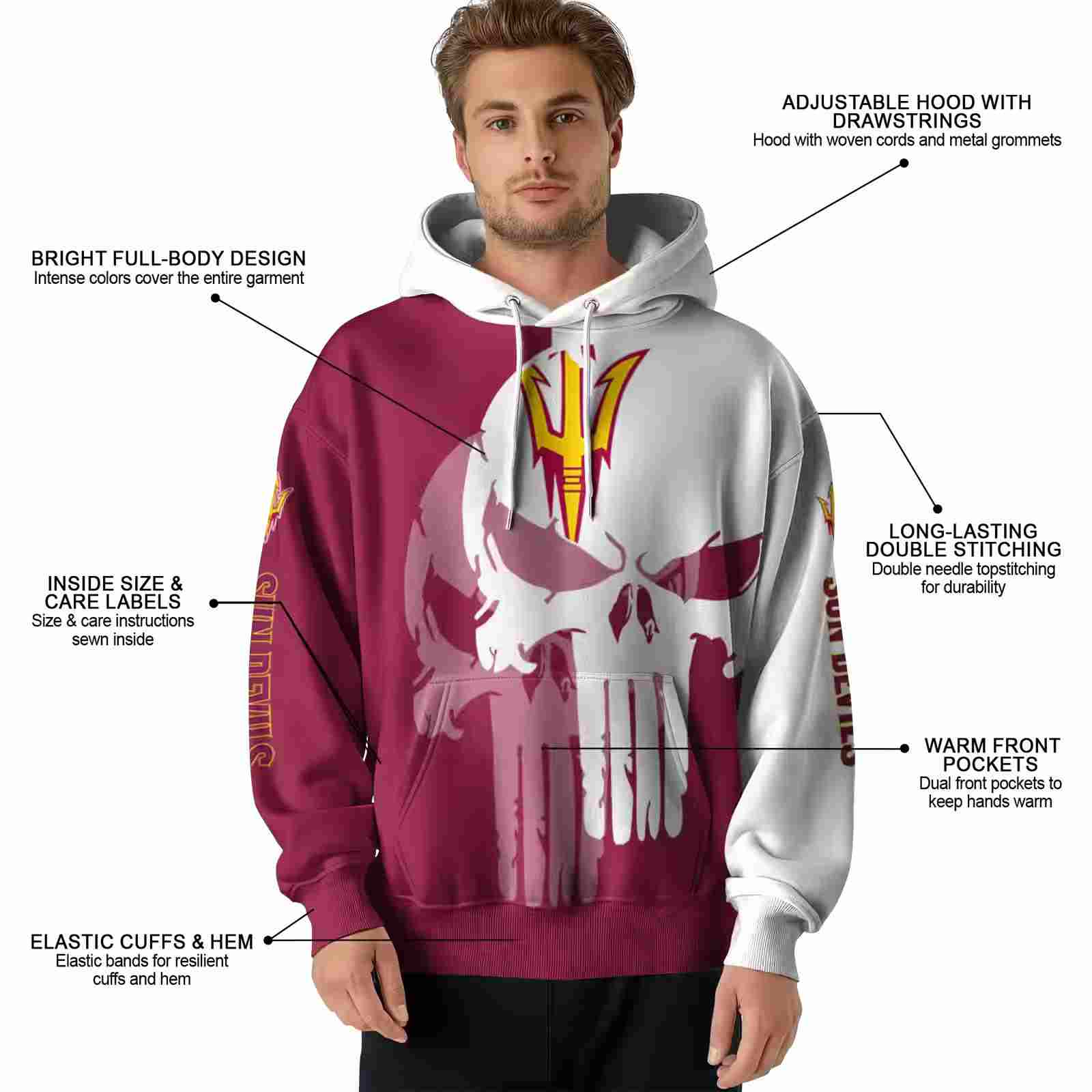 arizona state sun devils graphic punisher maroon white hoodie latest model