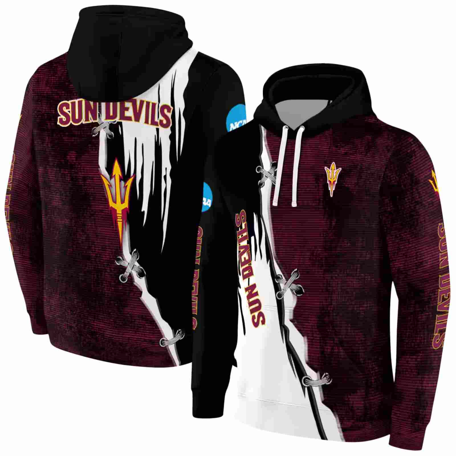 arizona state sun devils ripped pattern maroon black white hoodie fashion forward