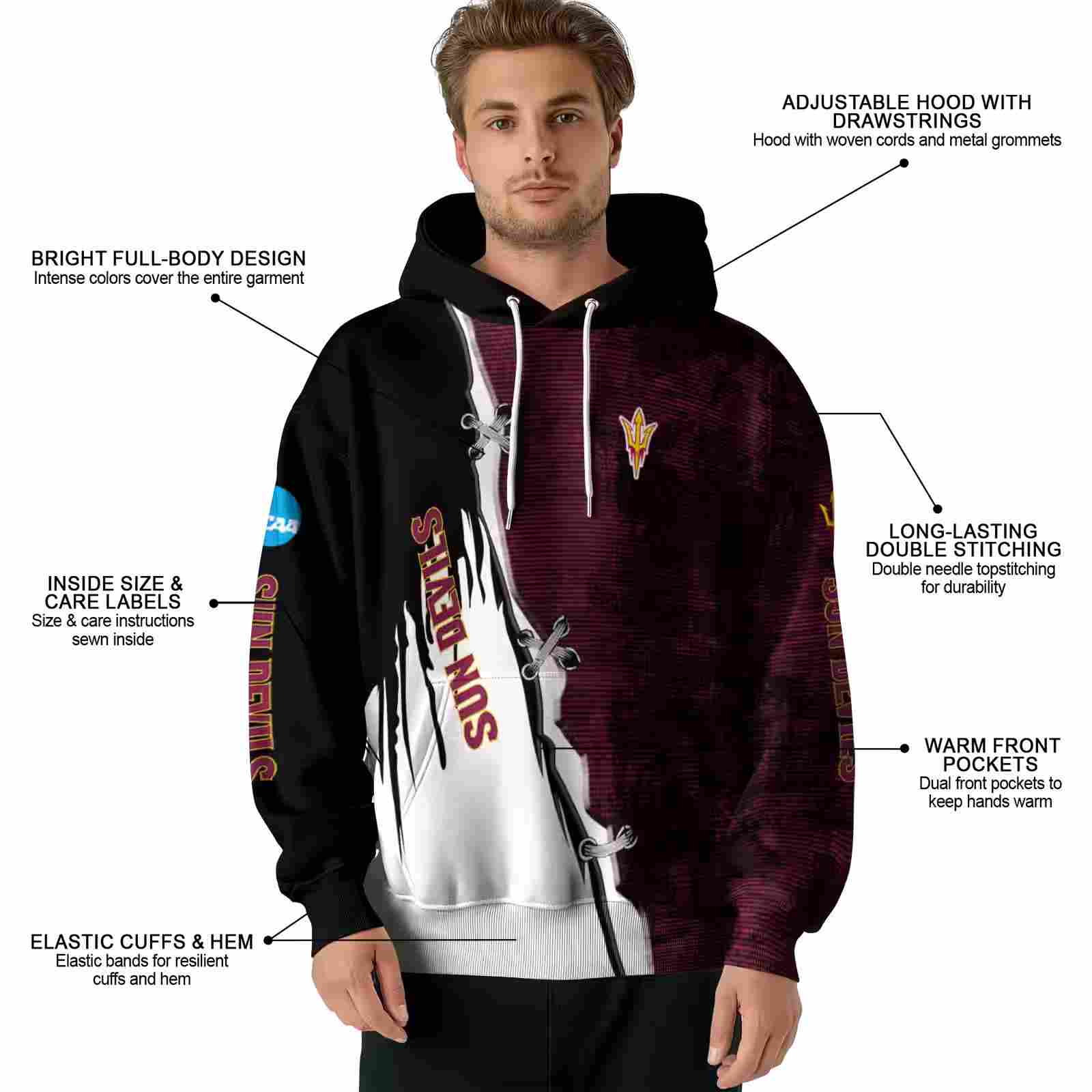 arizona state sun devils ripped pattern maroon black white hoodie latest model