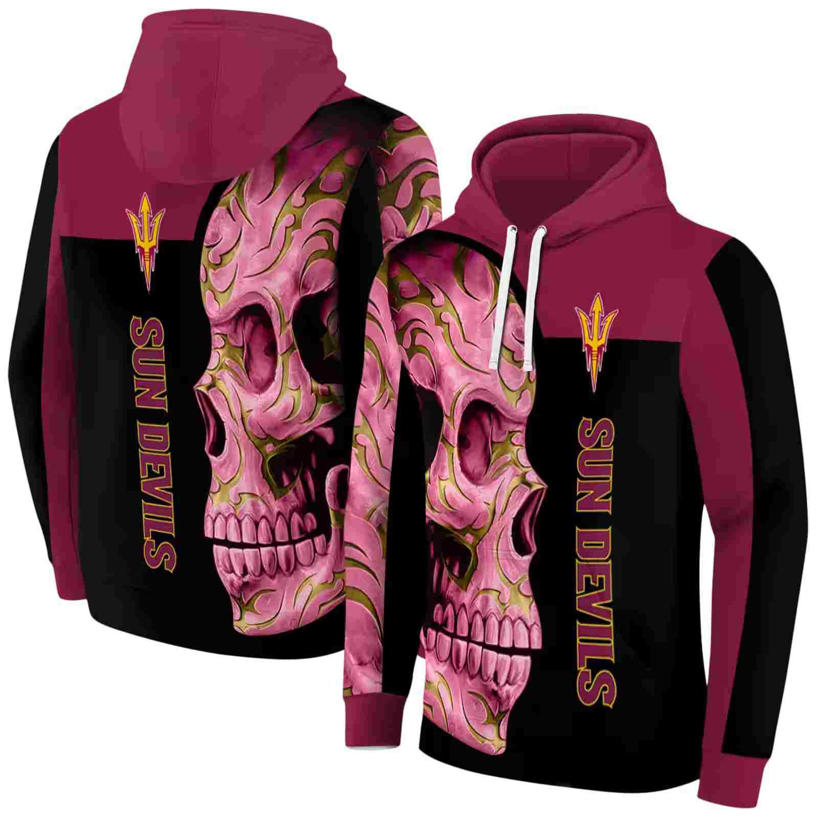 arizona state sun devils skull motif maroon black hoodie fashion forward