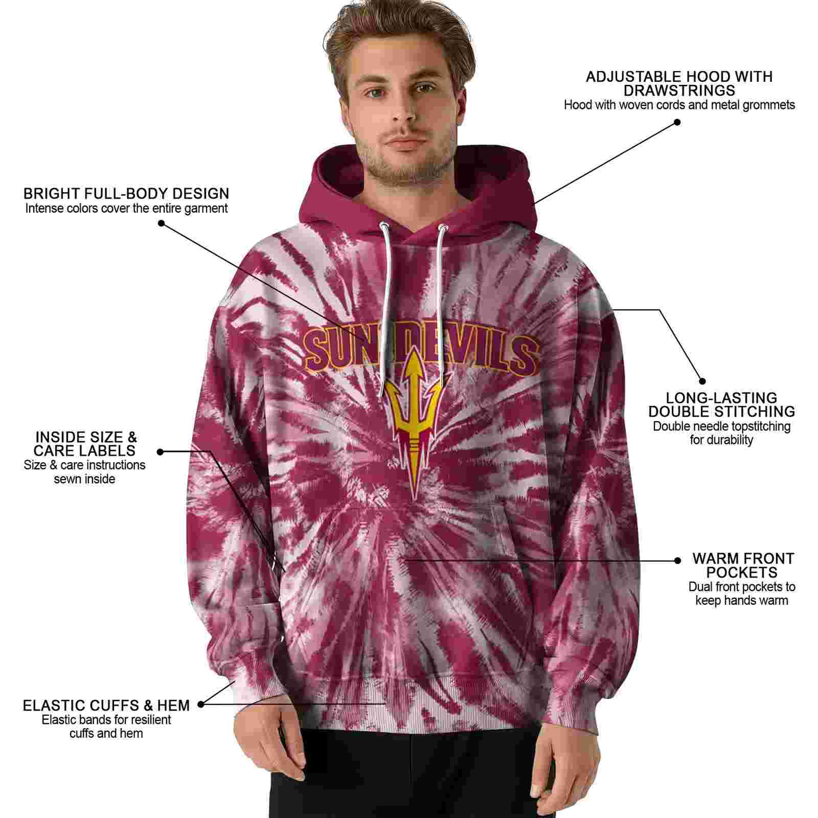 arizona state sun devils tie dye pattern maroon hoodie latest model