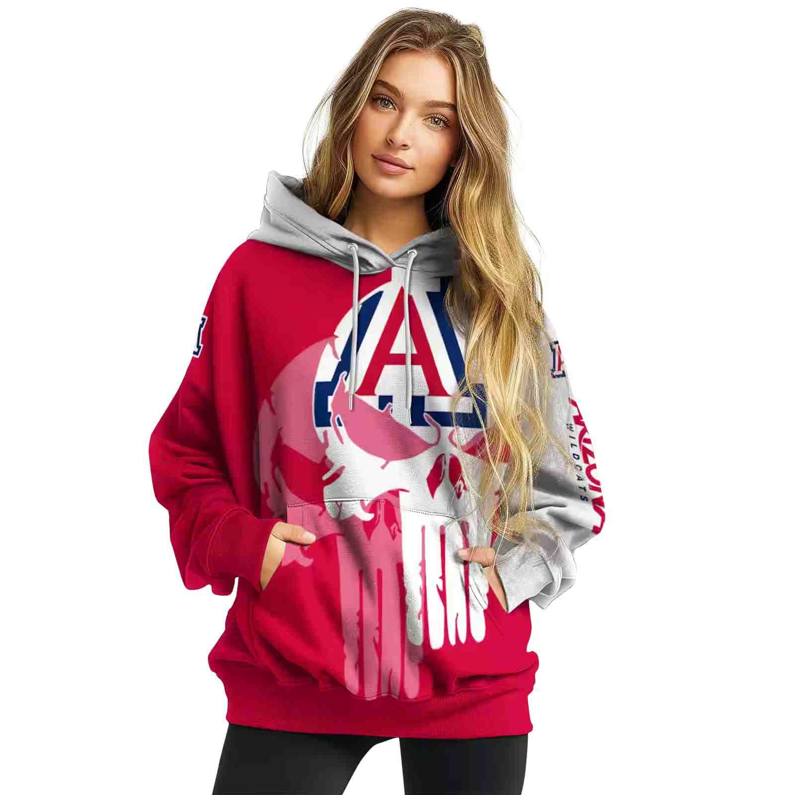 arizona wildcats graphic punisher red white hoodie high quality