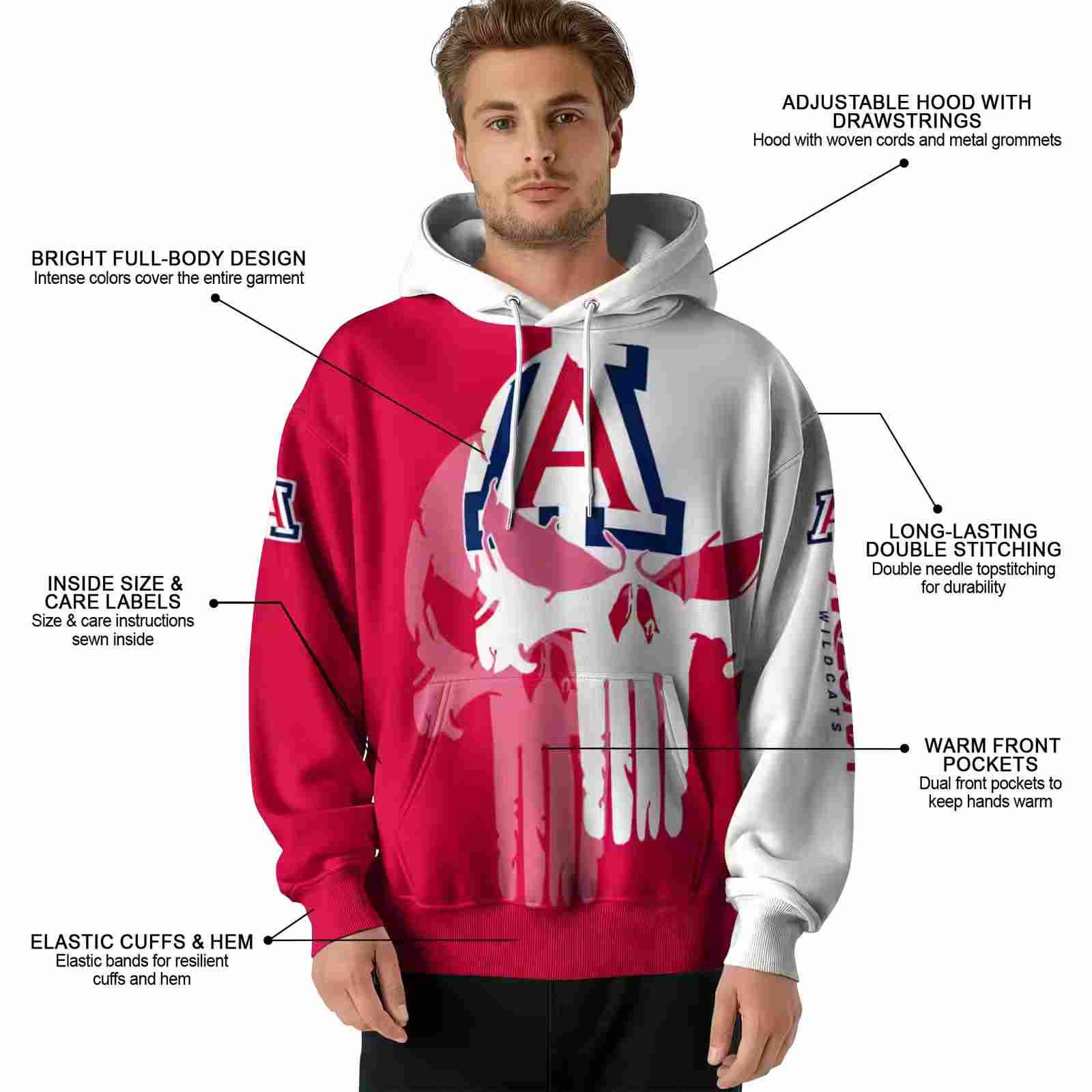 arizona wildcats graphic punisher red white hoodie latest model