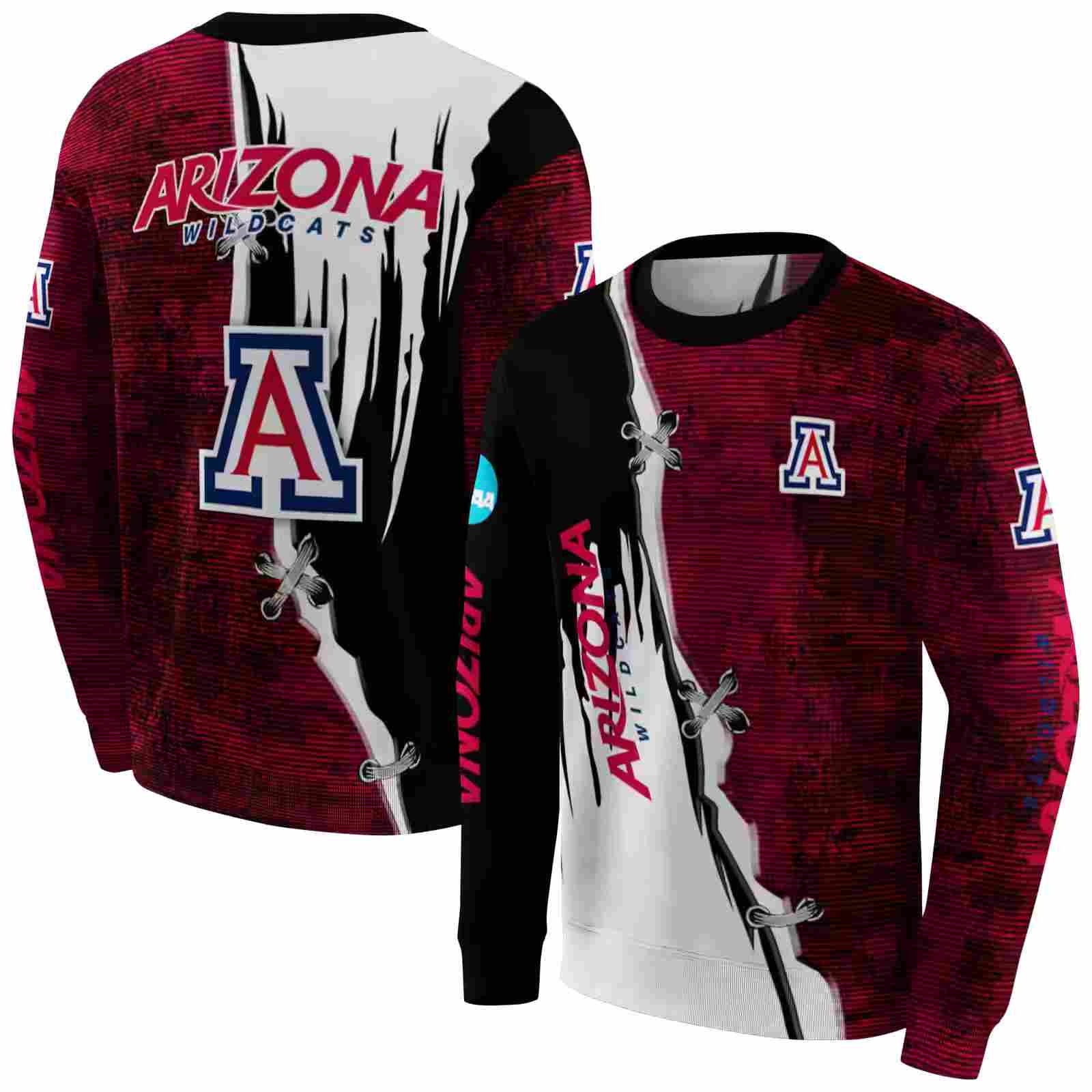 arizona wildcats ripped pattern red black white hoodie premium grade