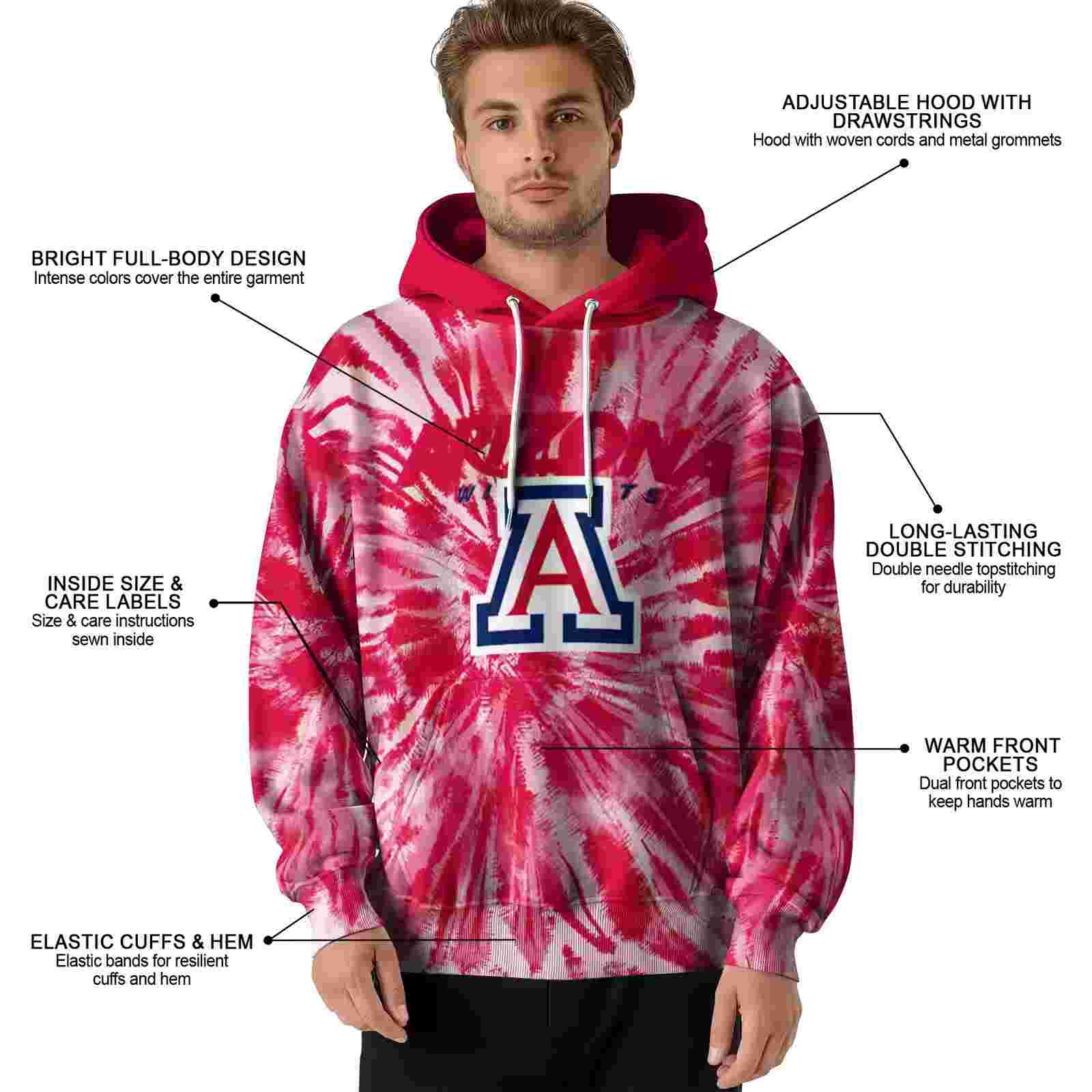 arizona wildcats tie dye pattern red hoodie latest model