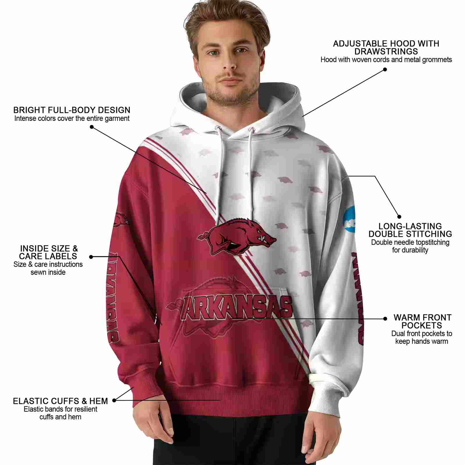 arkansas razorbacks diagonal stripe red white hoodie latest model