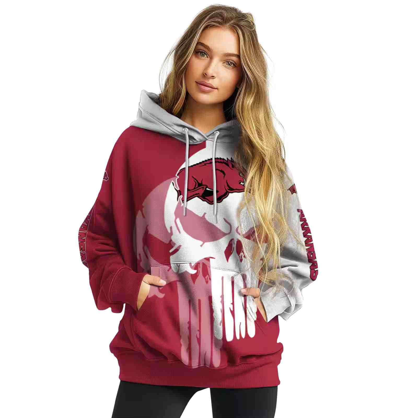 arkansas razorbacks graphic punisher red white hoodie high quality