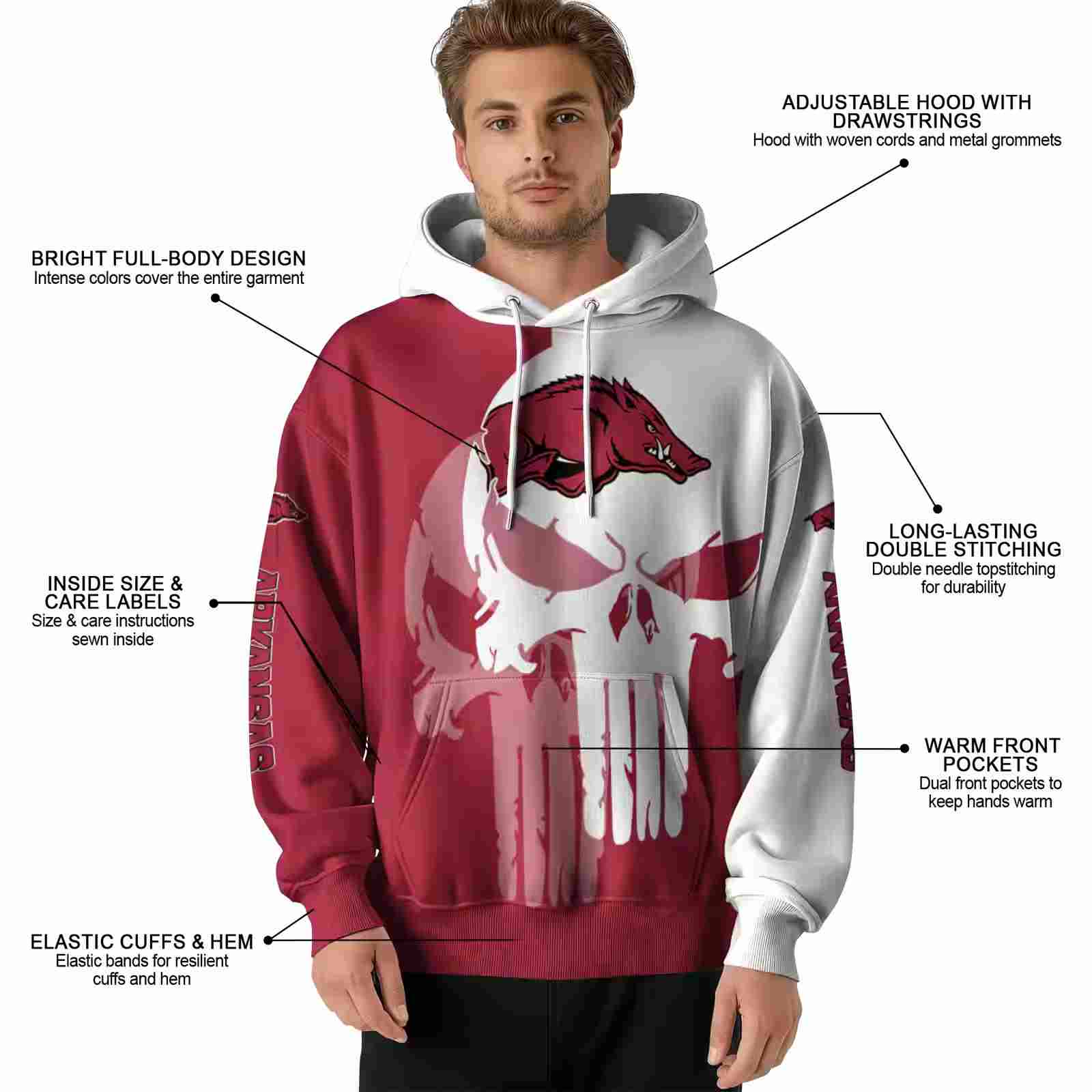 arkansas razorbacks graphic punisher red white hoodie latest model