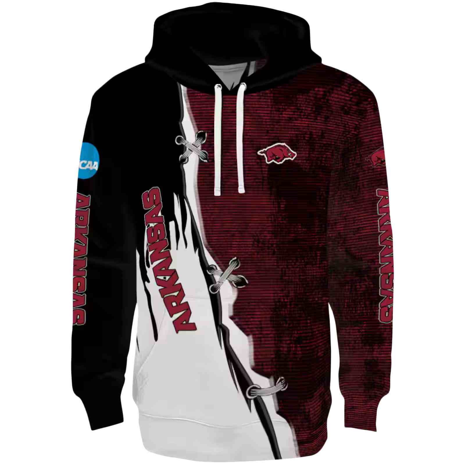 Arkansas Razorbacks Ripped Pattern Red Black White Hoodie