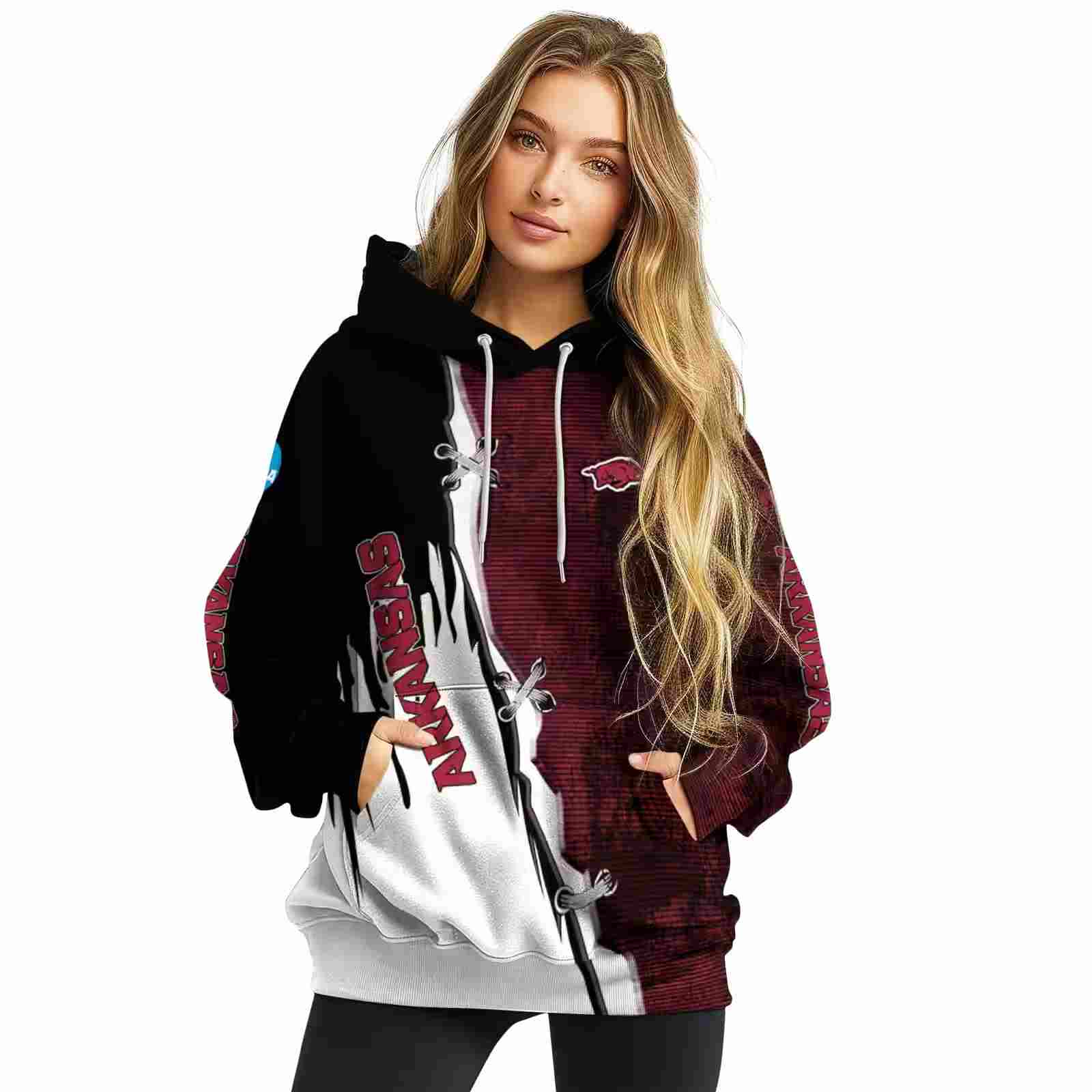 arkansas razorbacks ripped pattern red black white hoodie high quality