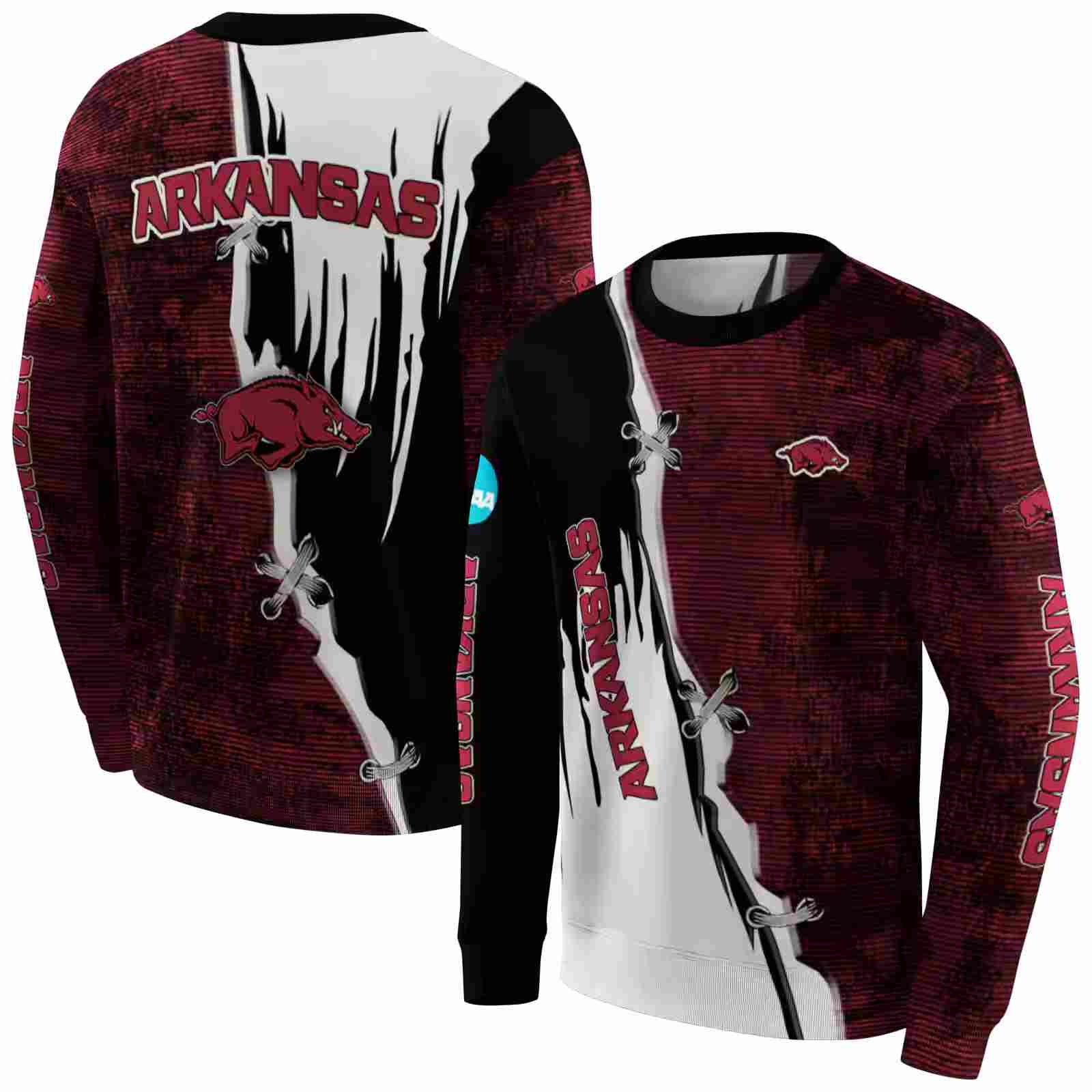 arkansas razorbacks ripped pattern red black white hoodie premium grade