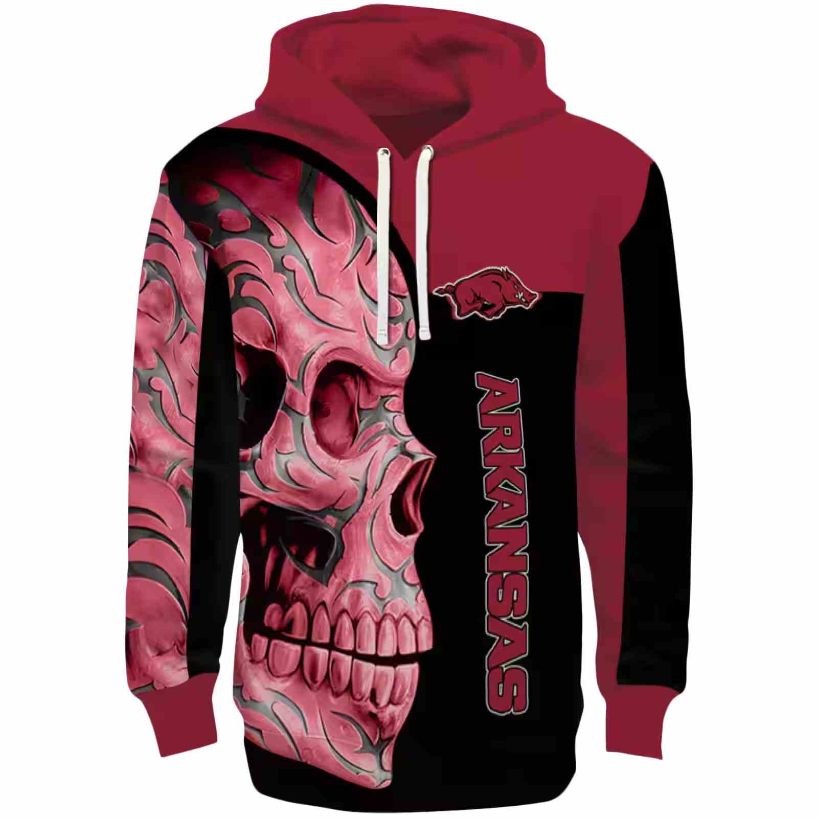 Arkansas Razorbacks Skull Motif Red Black Hoodie