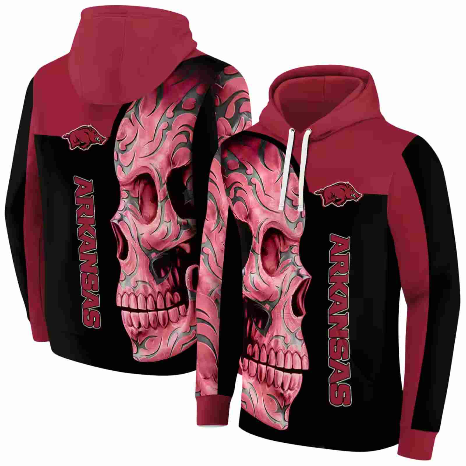 arkansas razorbacks skull motif red black hoodie fashion forward