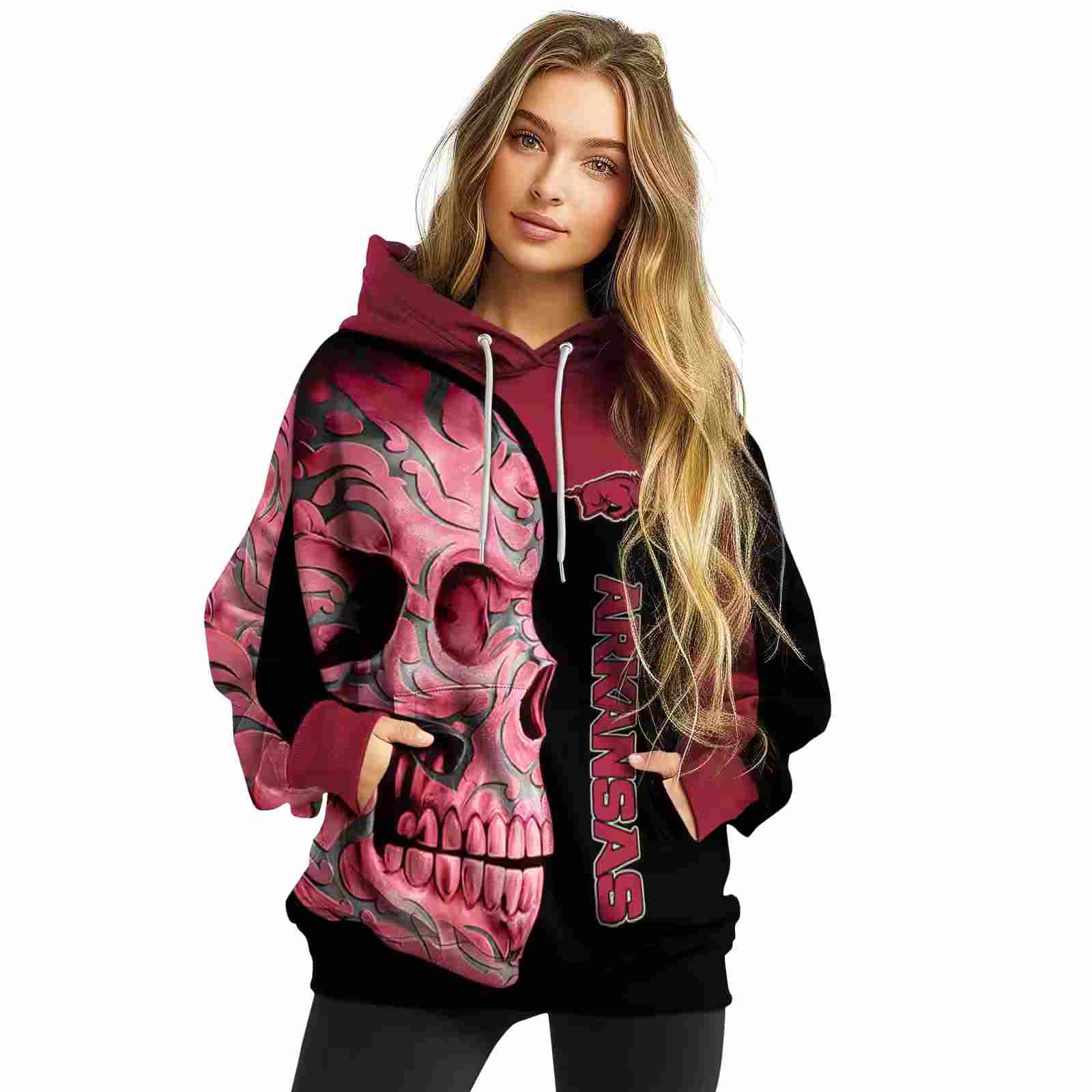 arkansas razorbacks skull motif red black hoodie high quality