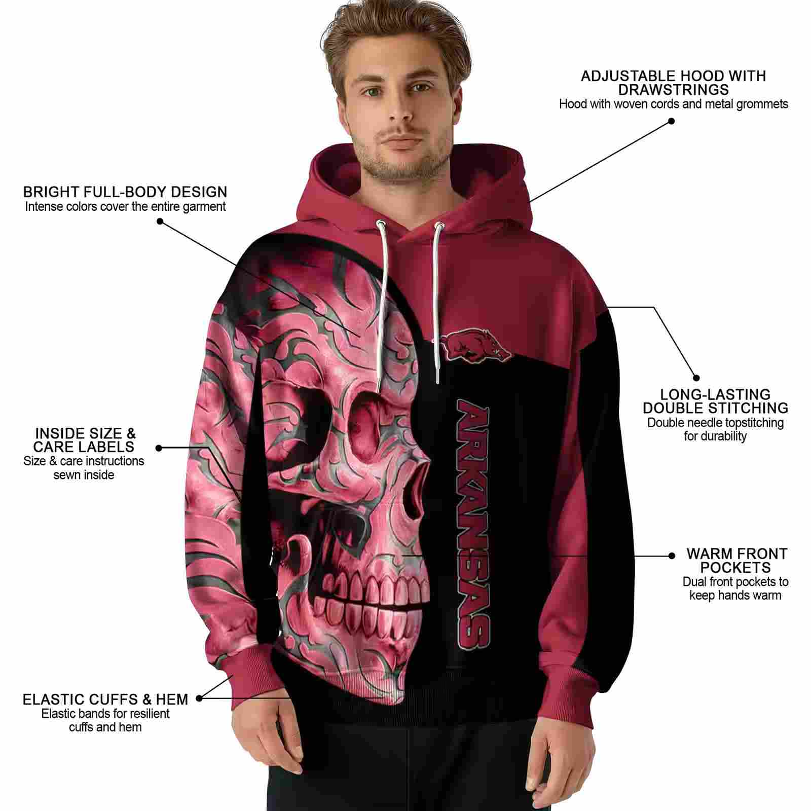 arkansas razorbacks skull motif red black hoodie latest model