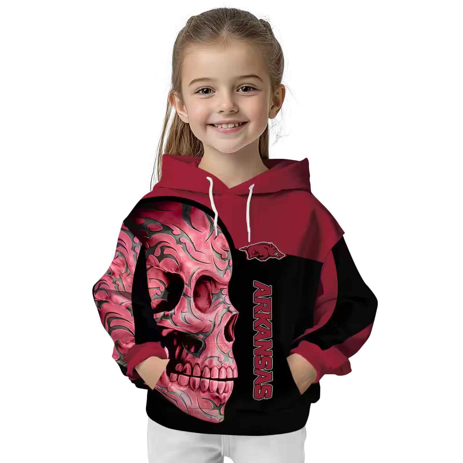 arkansas razorbacks skull motif red black hoodie top rated