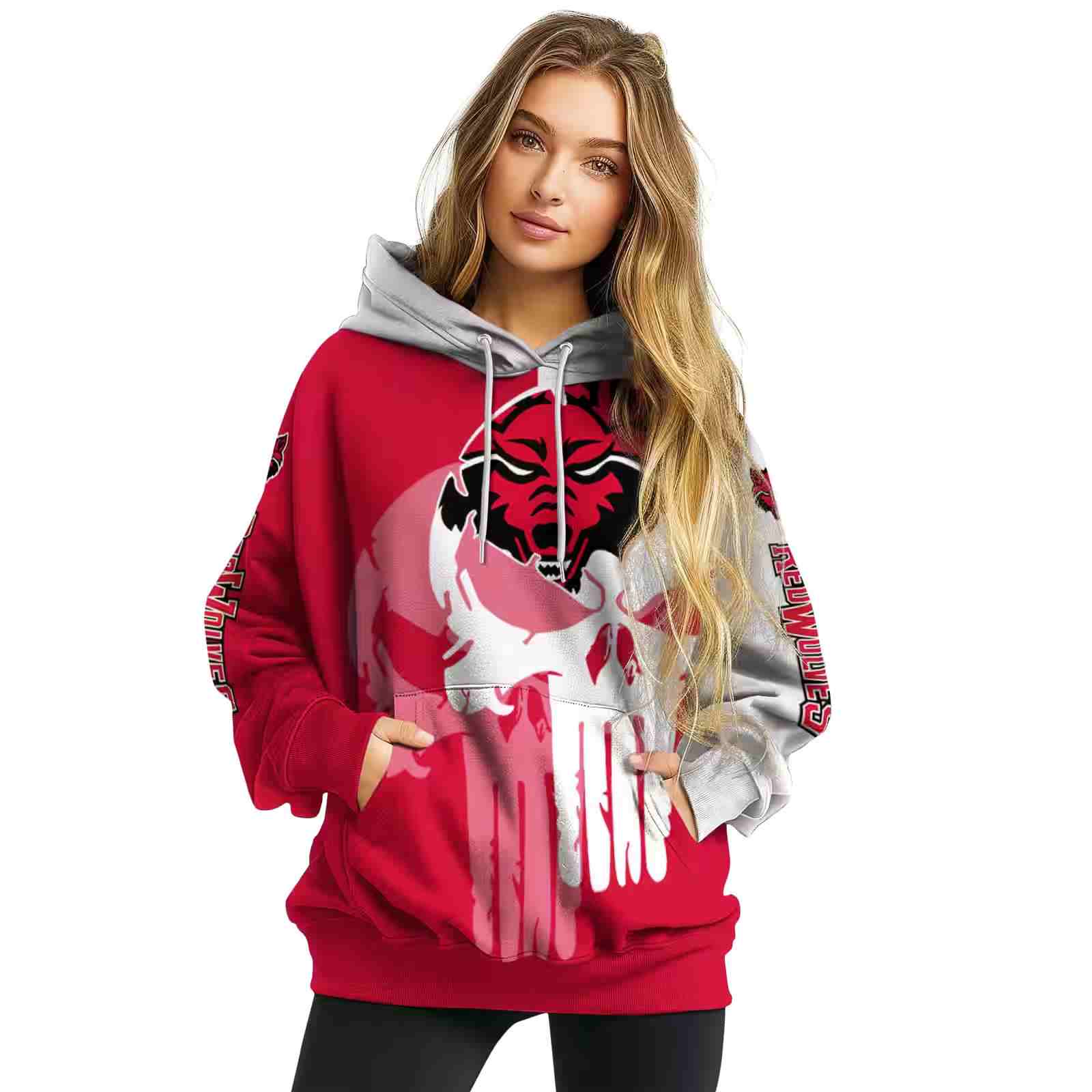 arkansas state red wolves graphic punisher scarlet white hoodie high quality