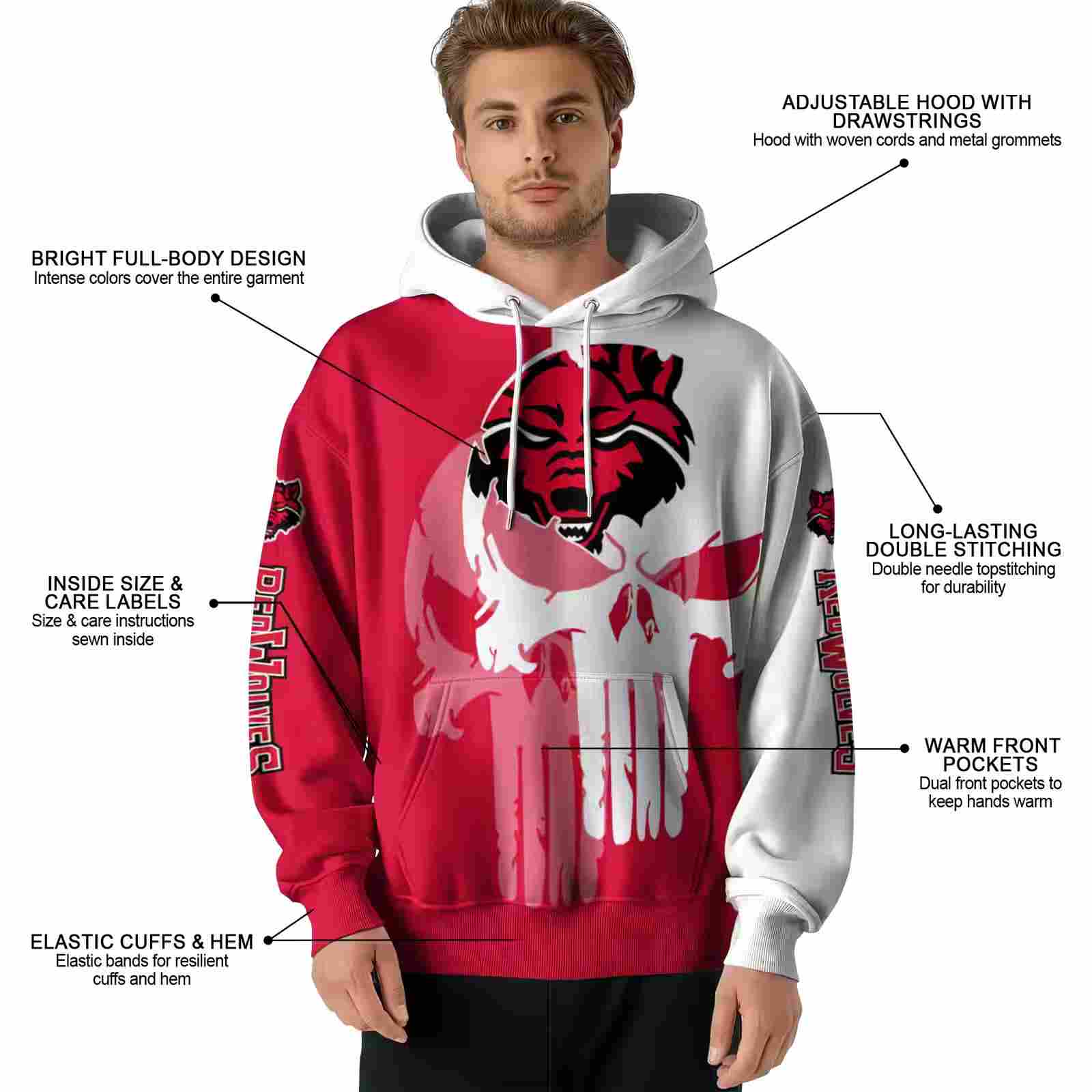 arkansas state red wolves graphic punisher scarlet white hoodie latest model