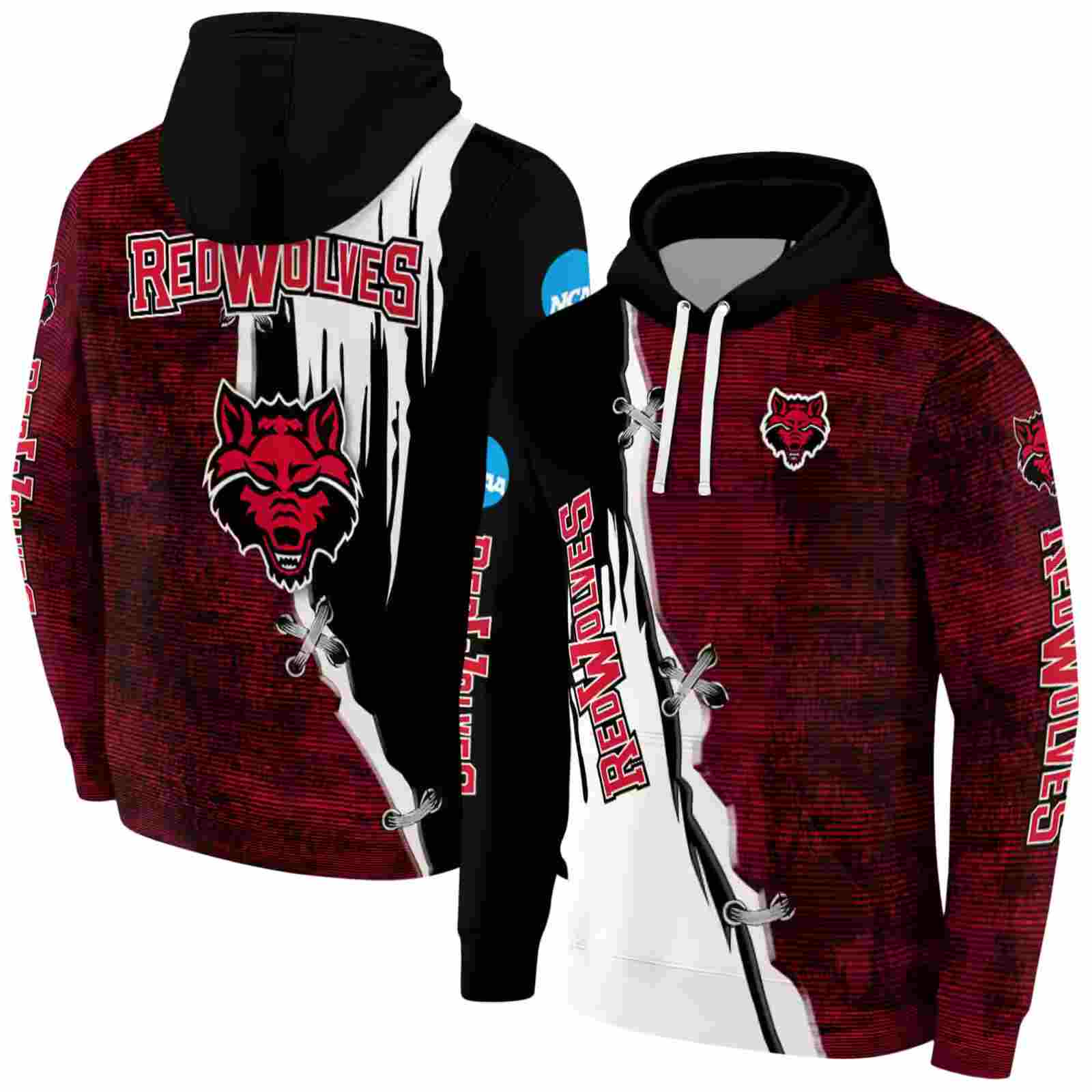 arkansas state red wolves ripped pattern scarlet black white hoodie fashion forward